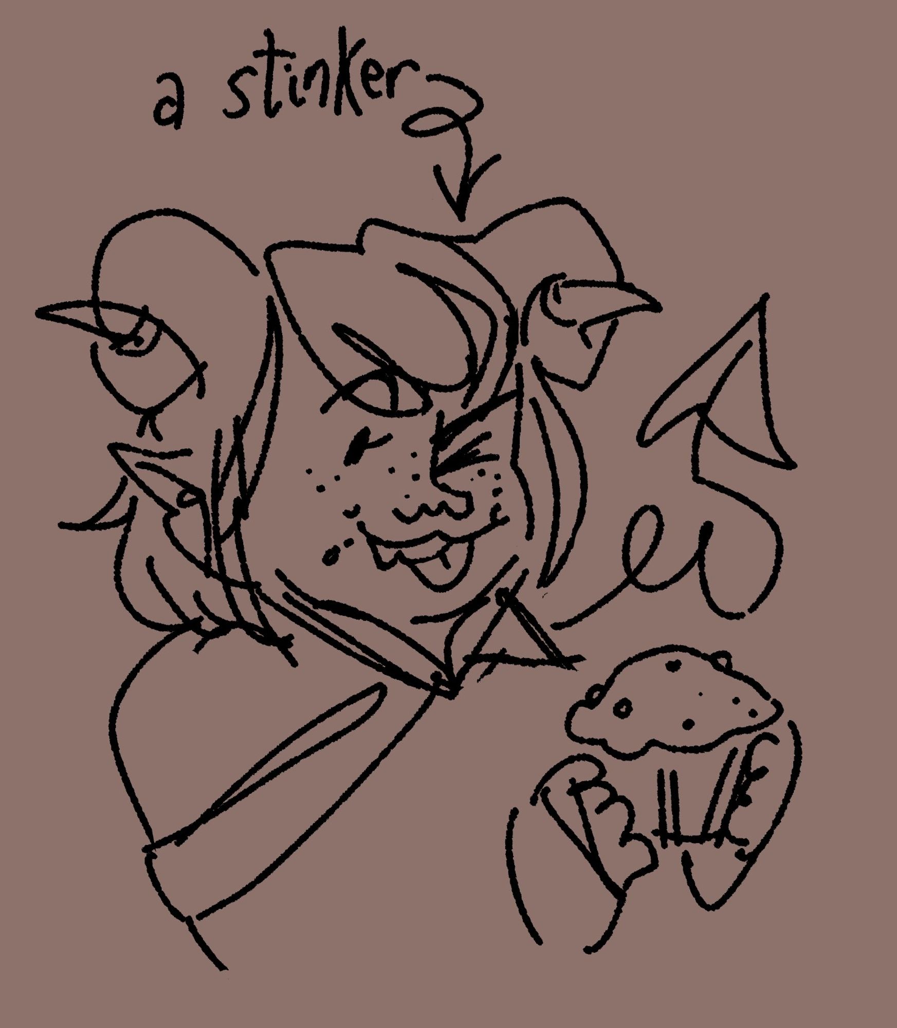 a simple bust doodle of jester from critical role. she is winking mischievously, and is holding a muffin with both hands. there are muffin crumbs on her face. the text reads "a stinker" with an arrow pointing down to her head.