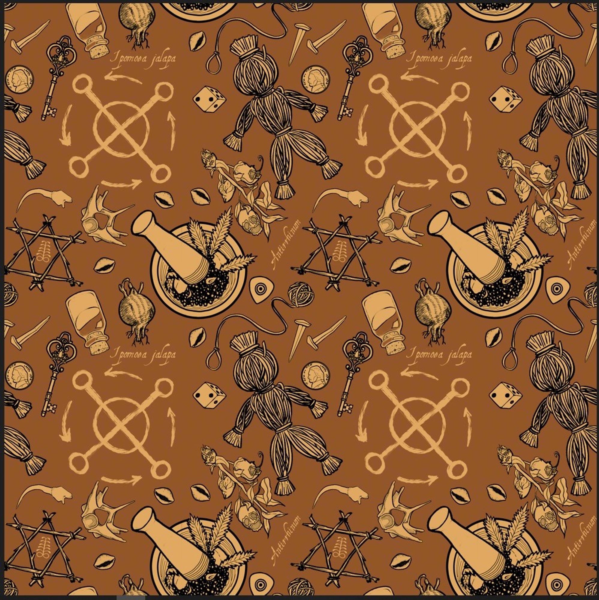 A seamless art pattern themed after the practice of Hoodoo. Various items one might find in a mojo bag or utilized for rootwork have been illustrated, such as coins, keys, dice, coffin nails, a straw draw, snake vertebrae, fangs, cowrie shells, mortar and pestle along with different plants, and the kongo cosmogram