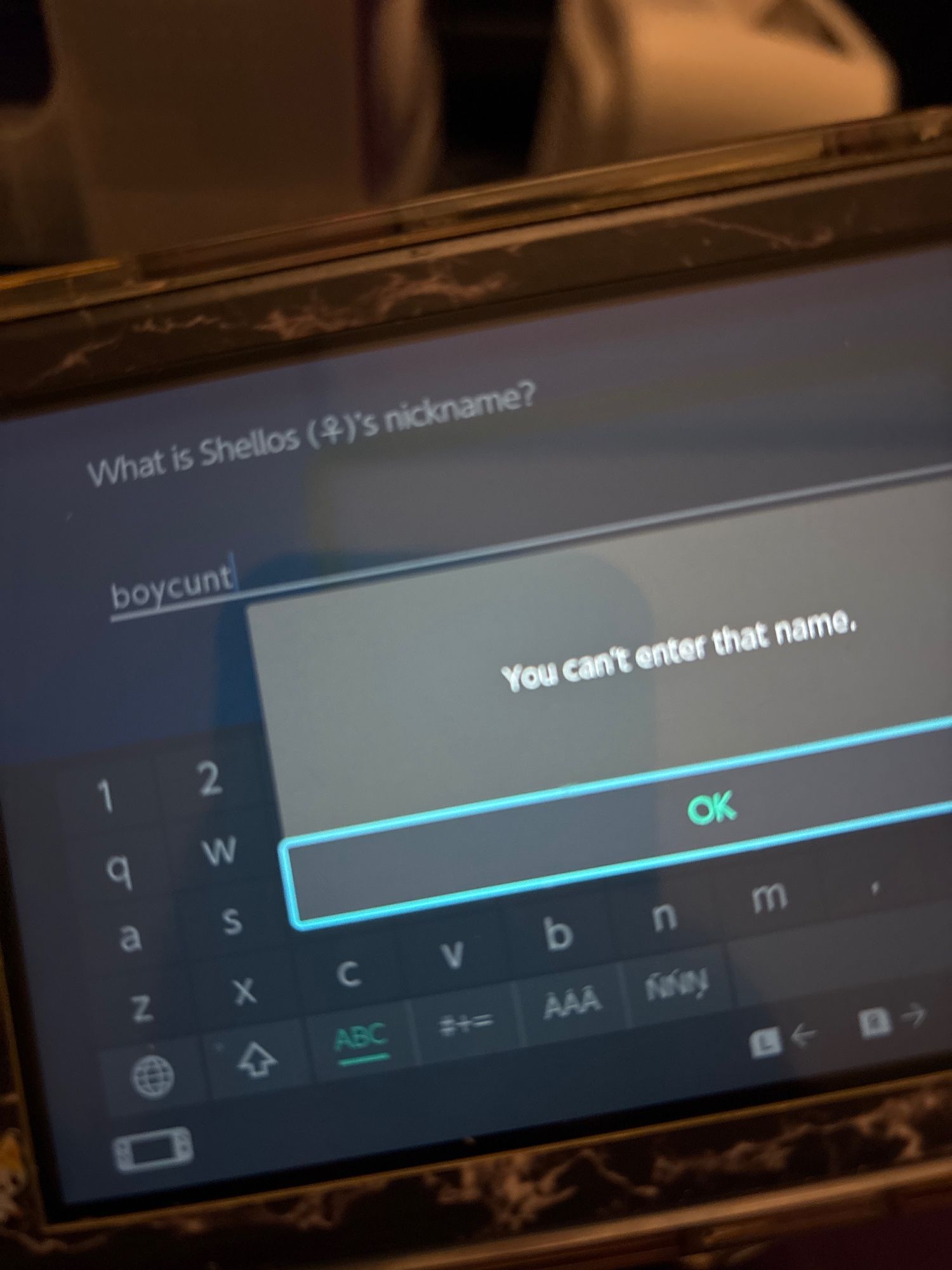 Photo of my Nintendo switch with a black marble skin that I'm playing Pokémon Brilliant Diamond on. In the background is the input screen for nicknaming a pink female shellos "boycunt"

In front of that is a popup window informing me that "you can't enter that name."

I ended up naming her after my drag king werewolf.