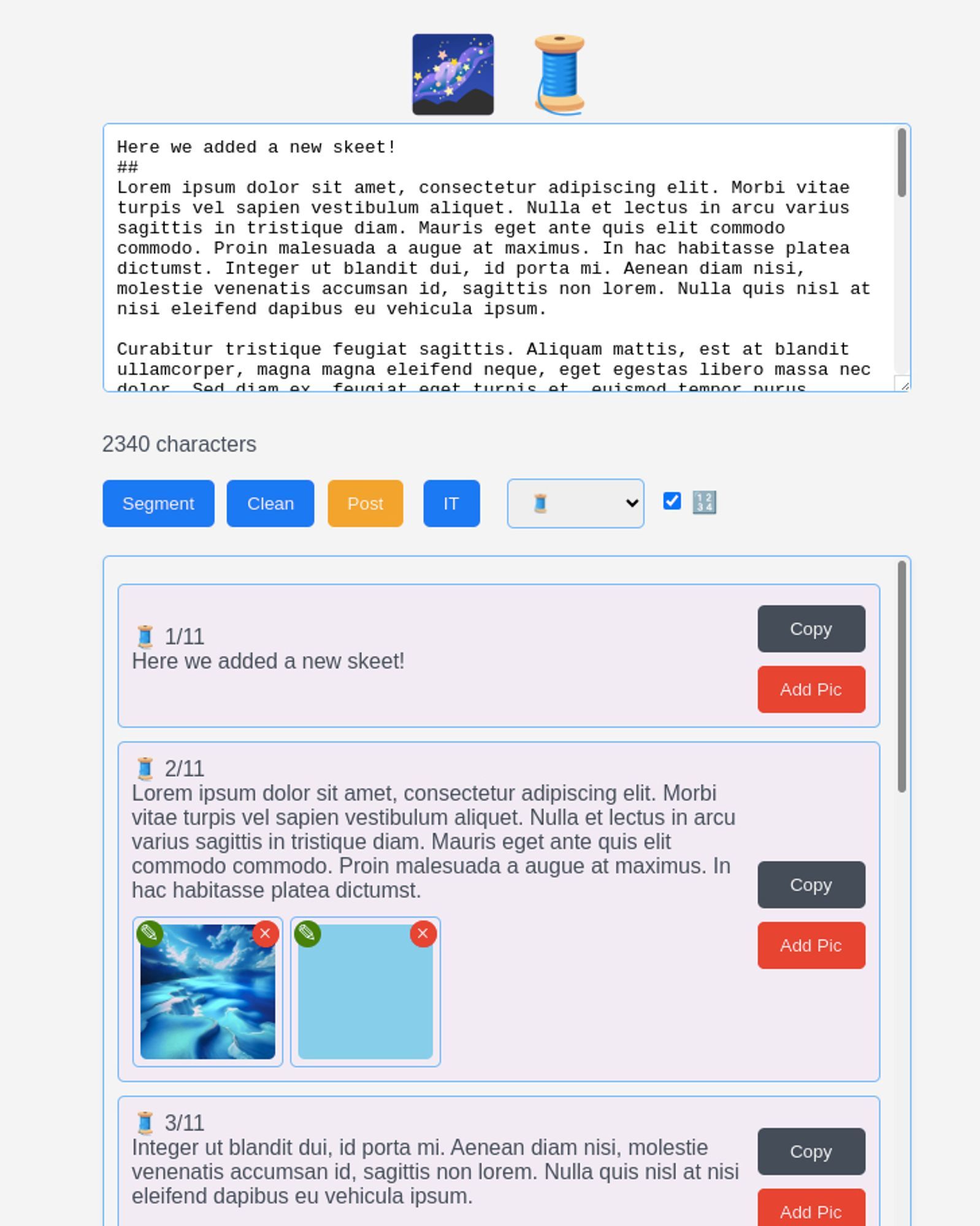 The screen of Thread Cutter showing 2 pictures attached to the second post, the skeets were reorganized.