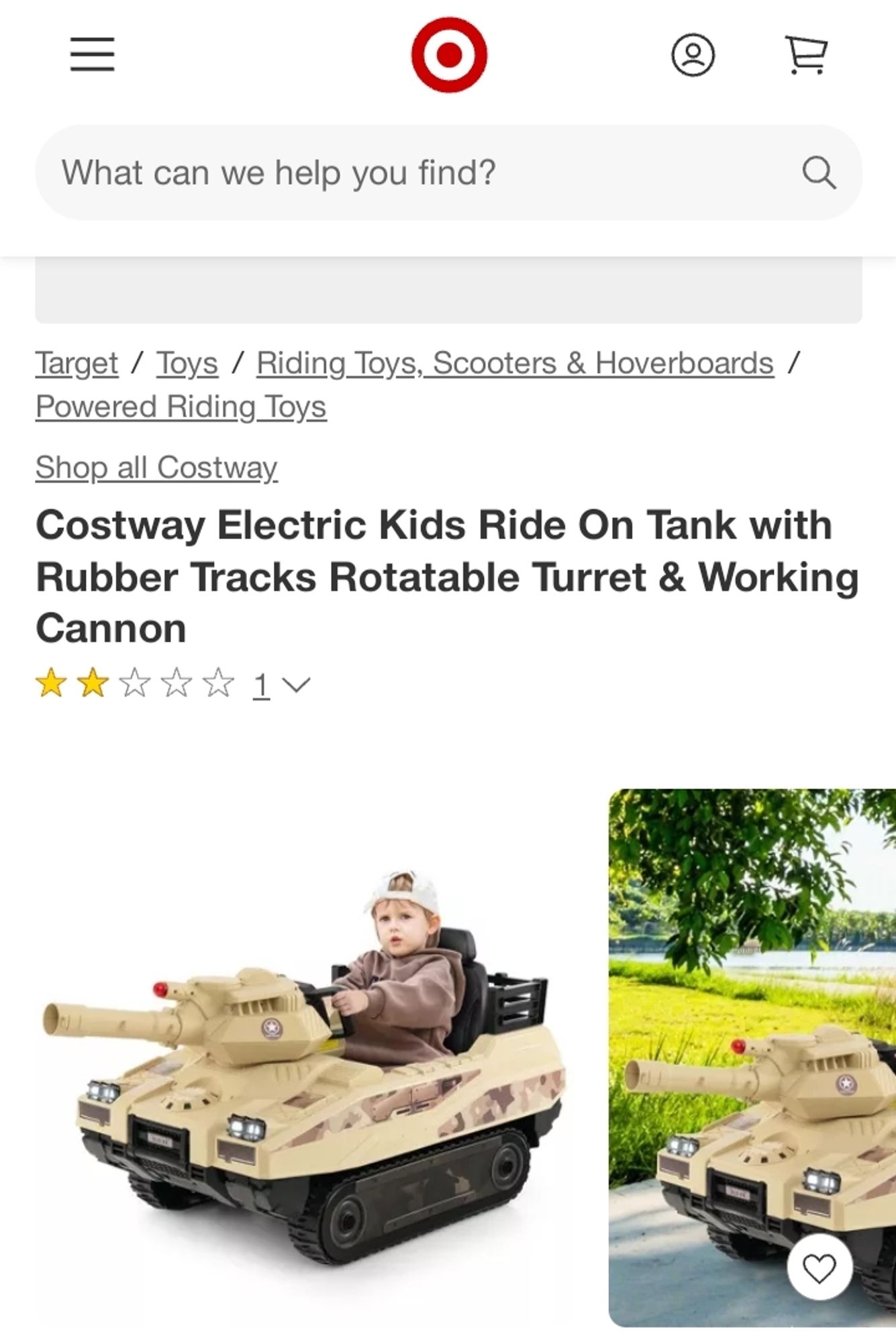 Target product in powered riding toys category 
Costway electric kids ride on tank with rubber tracks rotatable turret and working cannon

1 review, 2/5 stars

Picture of a toddler in a baby tank