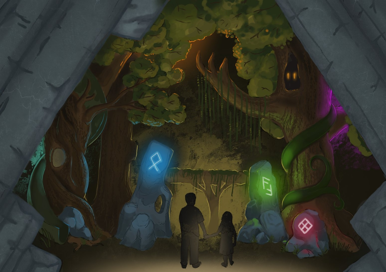 A digital painting of a brother and sister entering a magical cave where sentient trees live. There are stone pillars with strange glowing runes. Despite this, the aura feels friendly