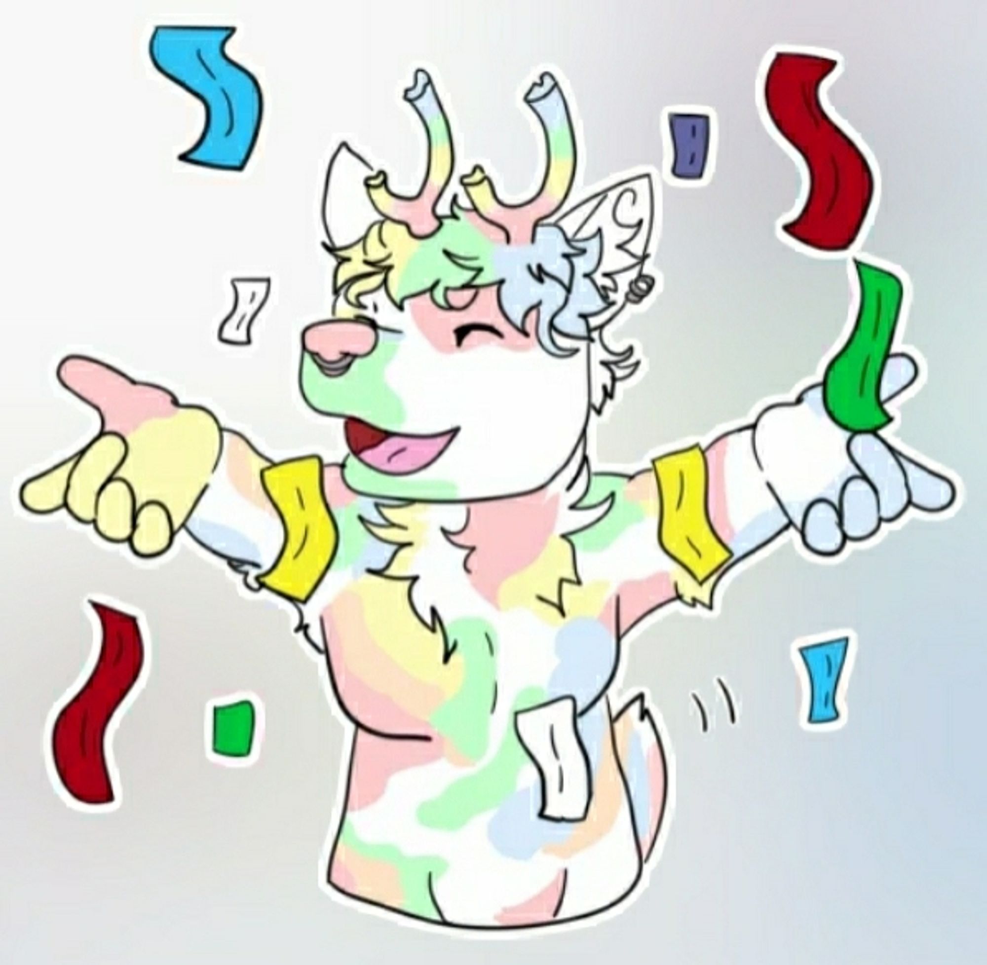 Rainbow deer cheering and throwing confetti in celebration.