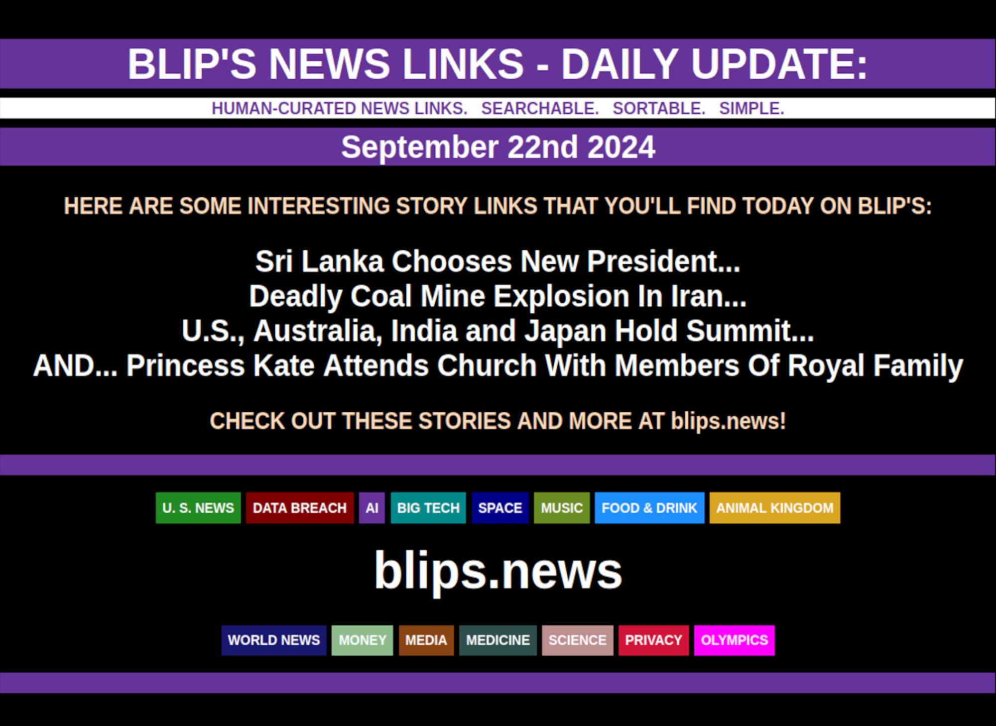 BLIP'S DAILY UPDATE: SEPTEMBER 22ND 2024

Sri Lanka Chooses New President... Deadly Coal Mine Explosion In Iran... U.S., Australia, India and Japan Hold Summit... AND... Princess Kate Attends Church With Members Of Royal Family  #PrincessKate  #RoyalFamily