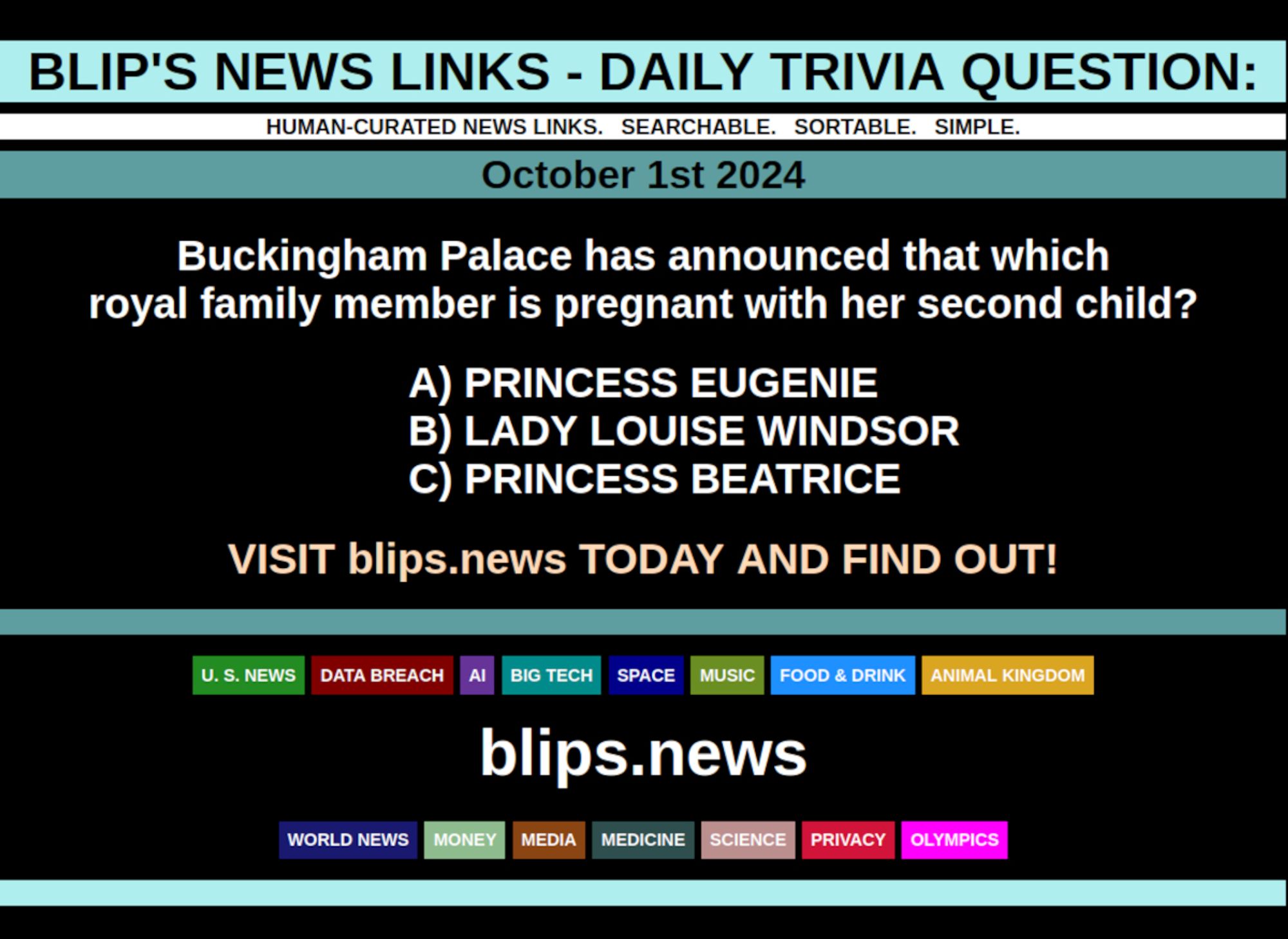 BLIP'S DAILY TRIVIA QUESTION: OCTOBER 1ST 2024 

Buckingham Palace has announced that which royal family member is pregnant with her second child?

A) PRINCESS EUGENIE
B) LADY LOUISE WINDSOR
C) PRINCESS BEATRICE

#royals  #BuckinghamPalace