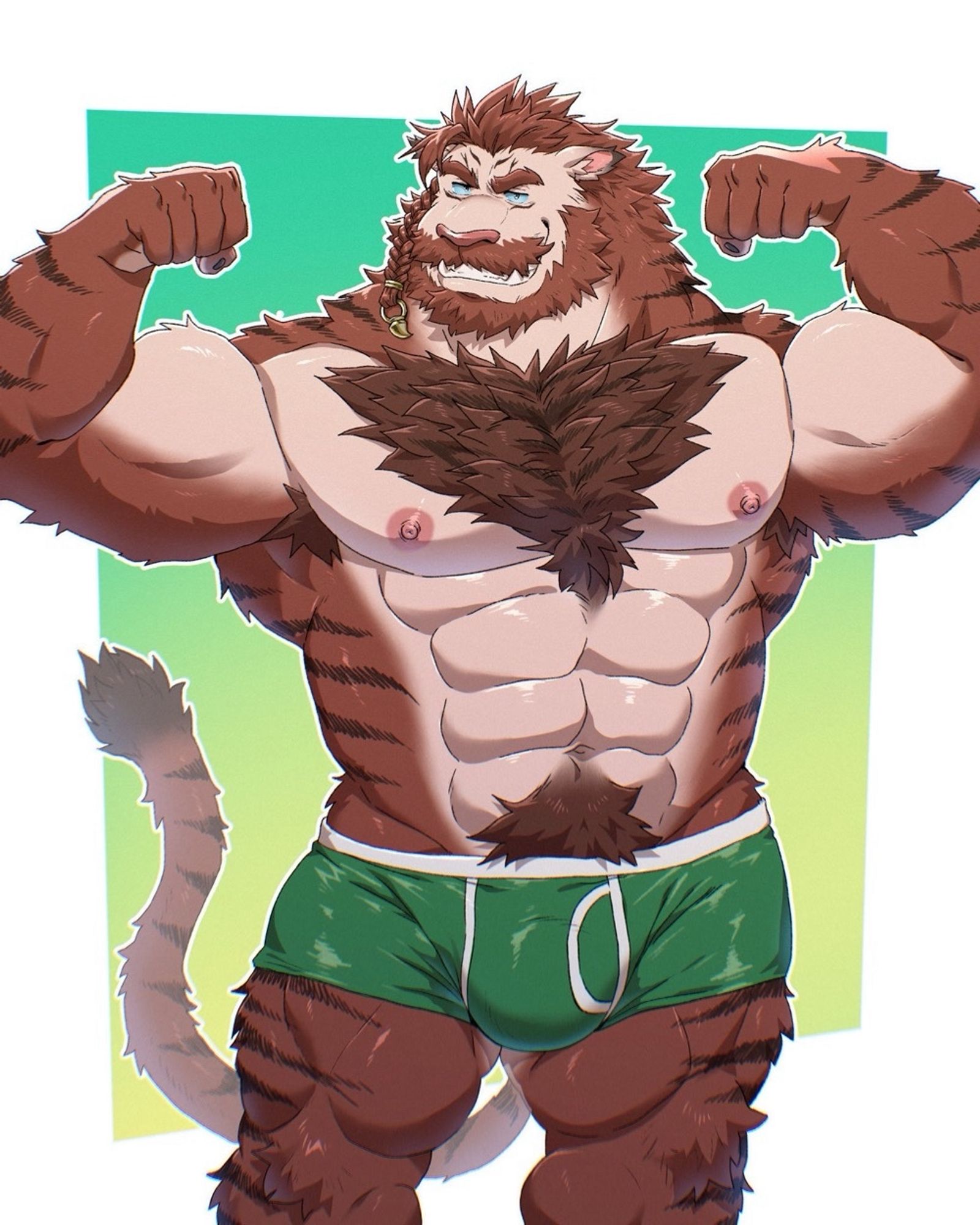 Male Hrothgar flexing in boxer briefs.