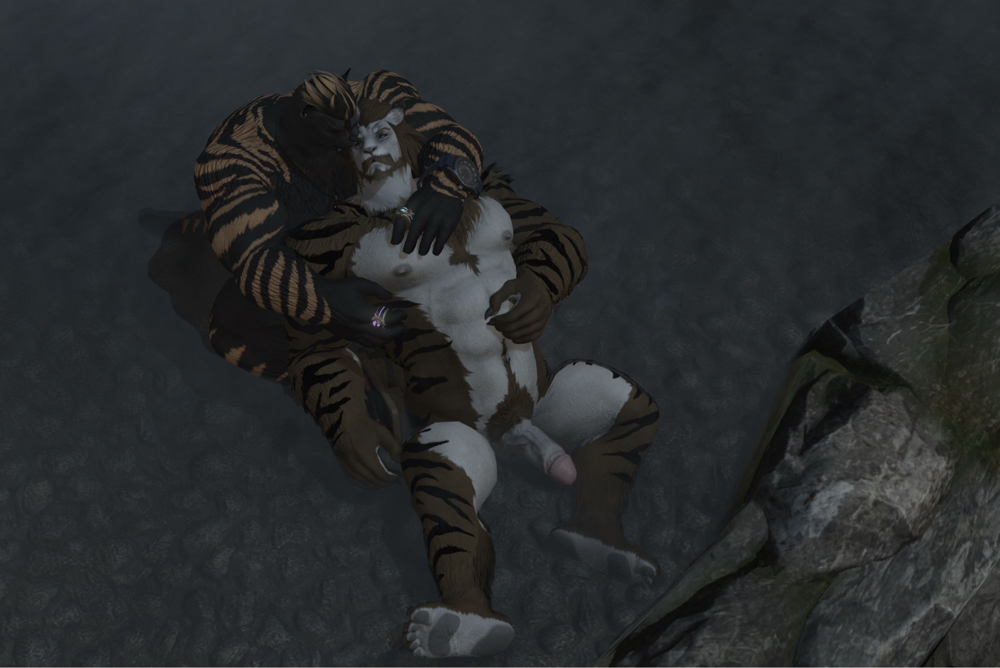 Two Male Hrothgar cuddling in a hot spring.