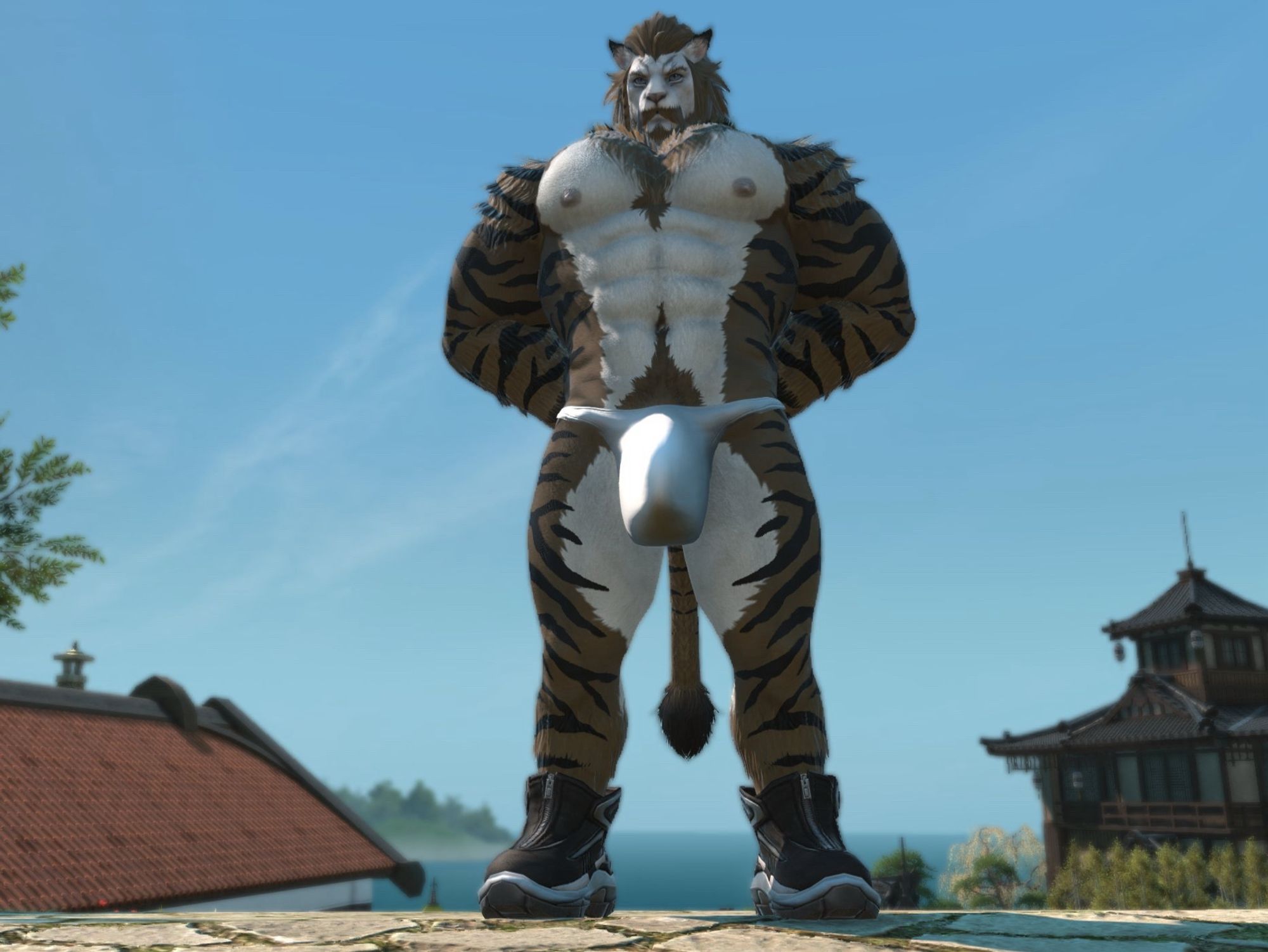 Male Hrothgar wearing a silver thong.