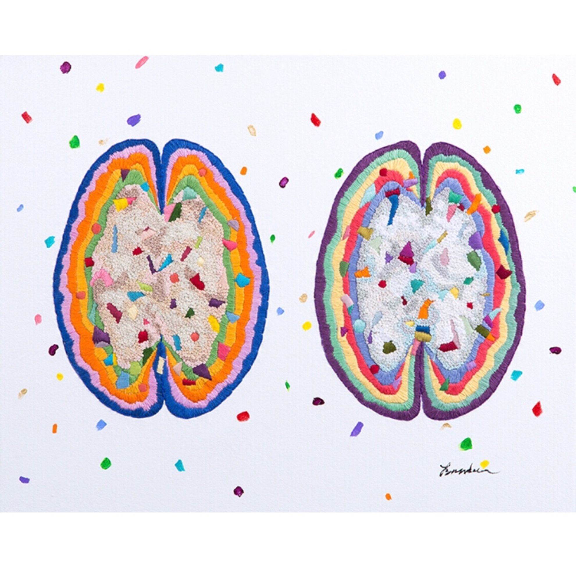 ‘Party Time’ mixed media piece. Two top down view brains sit side by side. They are hand embroidered with French Knots in the same pattern but each in a different color. Around them in painted white and there is confetti both painted and embroidered