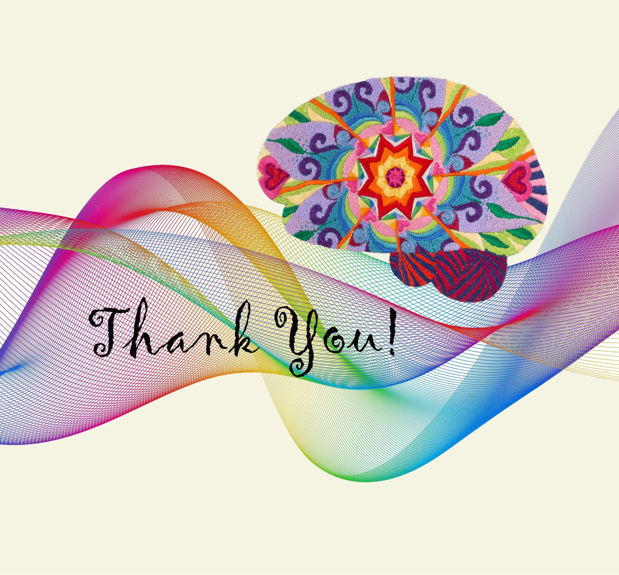 A rainbow mandala in a brain sits on top of a wavy rainbow net with the words ‘Thank you!’