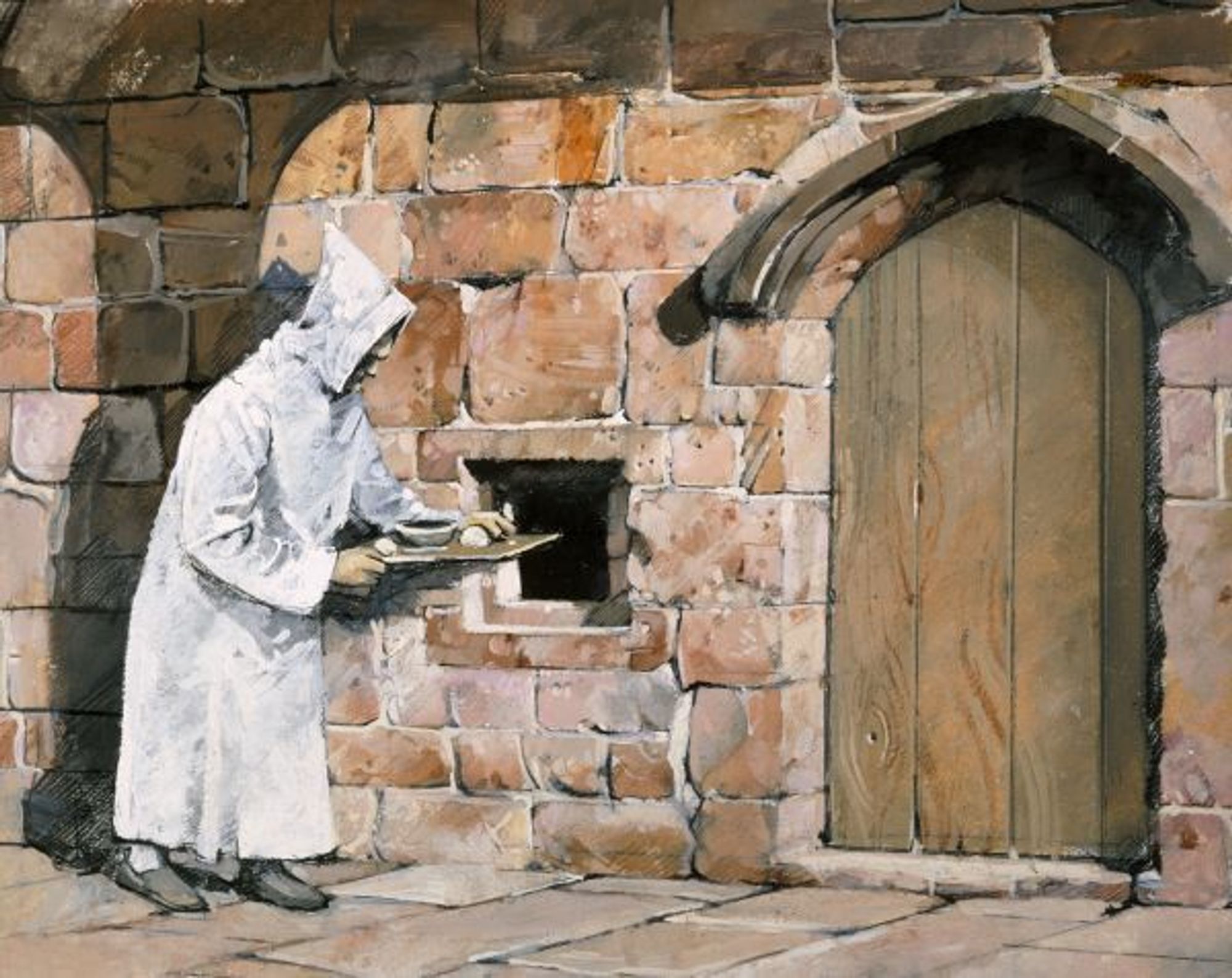 Monk delivering food tray through hatch in another monk's lock-in cell.