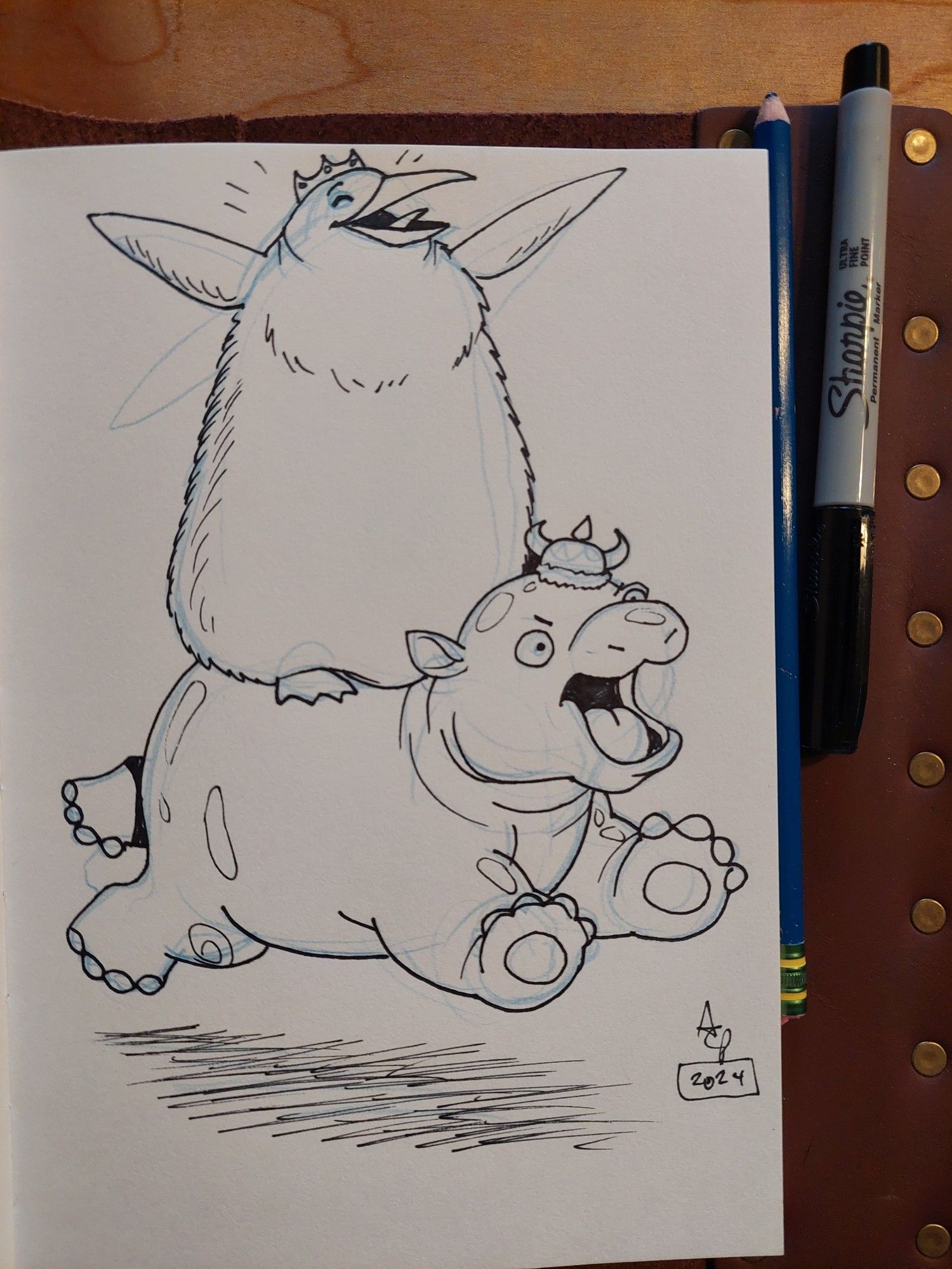 A cartoon drawing of Pesto the baby penguin, wearing a crown, riding atop Moo Deng the pygmy hippo as she charges off to cause chaos