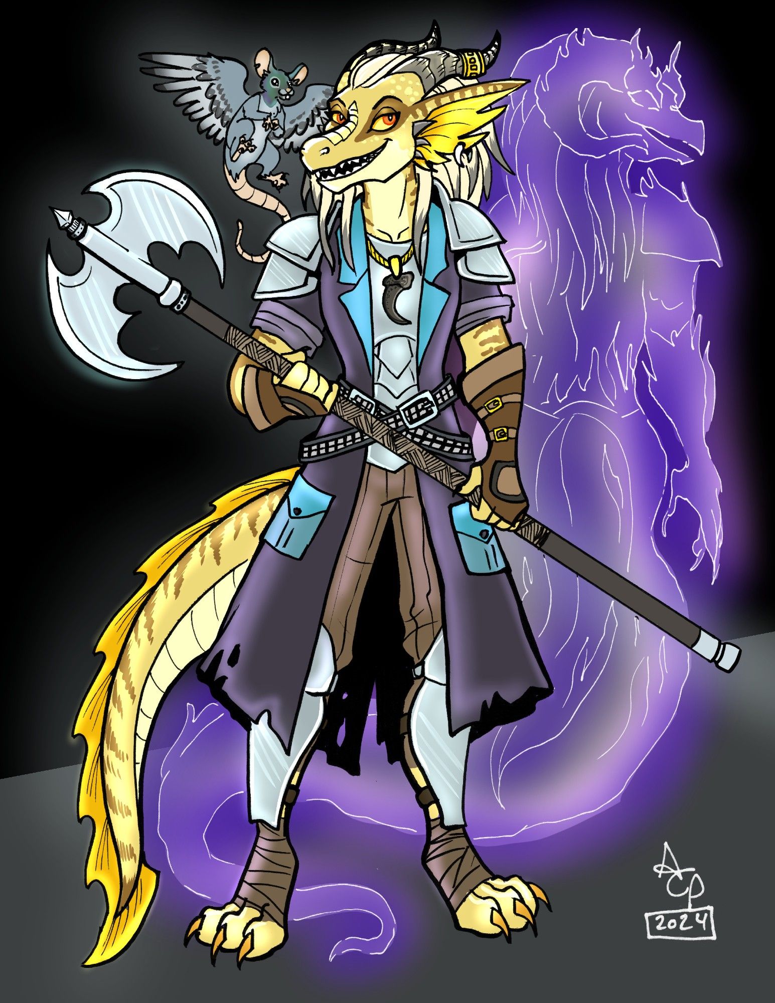 A gold dragonborn knight holding a large axe. She's wearing a long dark coat over her half plate armor, and a dragon's claw necklace. Behind her hovers a winged rat with pigeon coloring, and a black dragonborn ancestor spirit floats protectively behind her