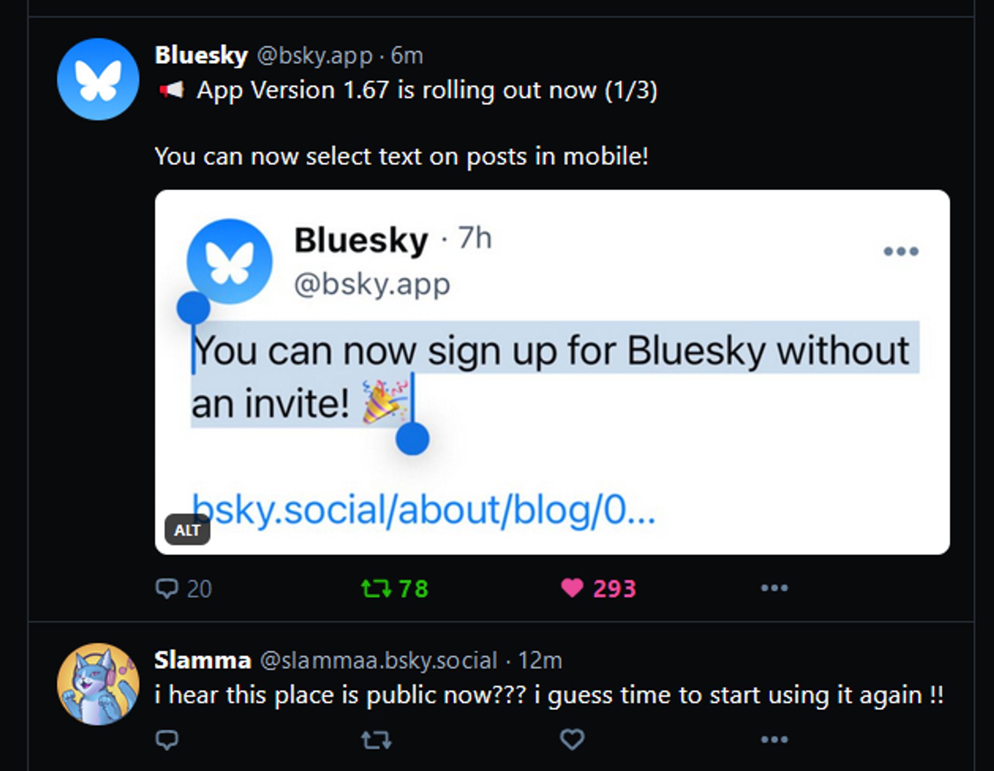 Two posts, bottom one is Slamma mentioning they heard that Bluesky was now public. Top post is a post from Bluesky themselves announcing (and confirming) that they are indeed, public