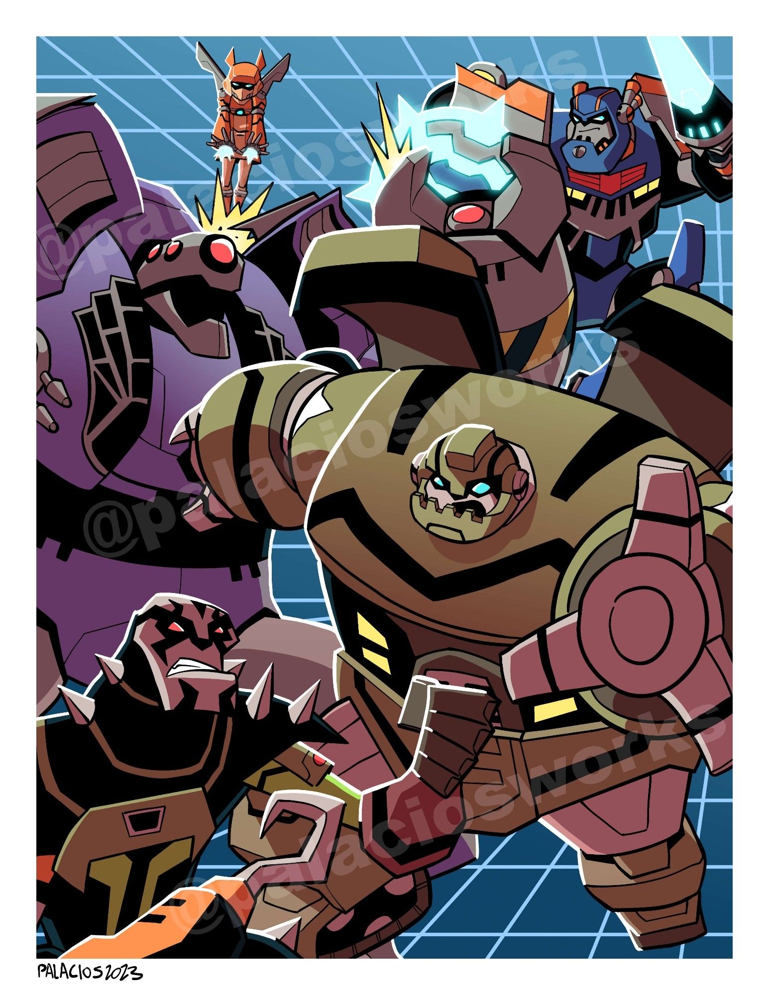 Color illustration of Transformers Animated Bulkhead, Lockdown, Lugnut, Sari, and Sentinel Prime battling it out.