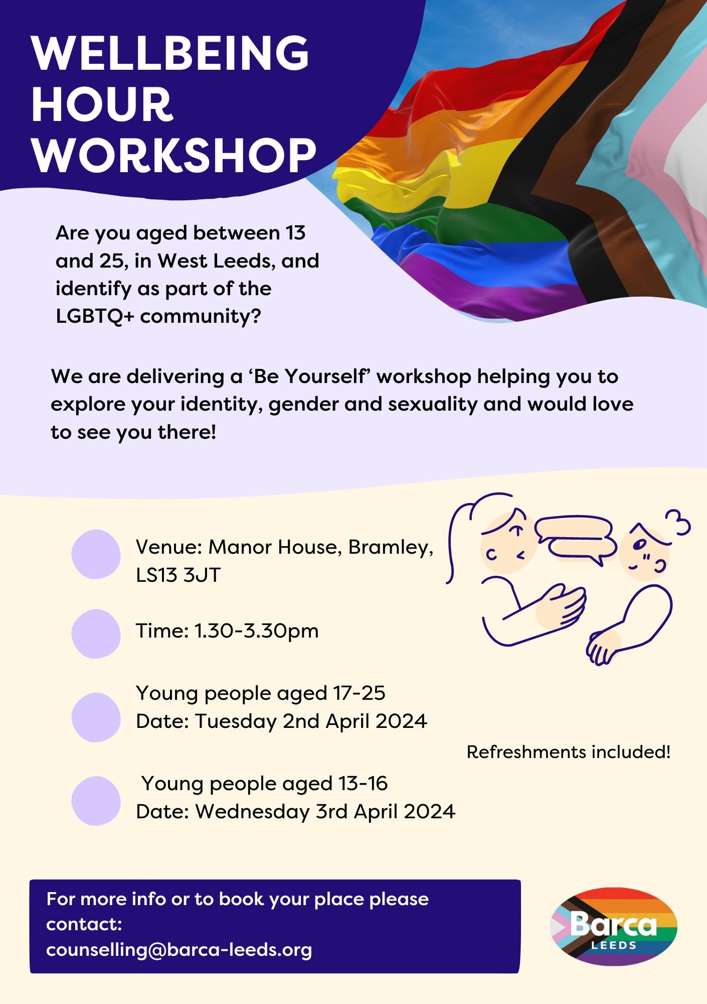 Promotional flyer for Barca charity's LGBTQIA counselling and support services.