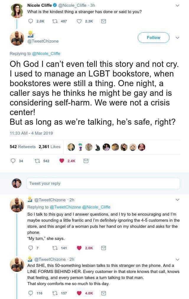 Screenshot. Gay man calls LGBTQIA bookshop in crisis. Customers all talk to him and say they've felt the same way at some point in their lives.