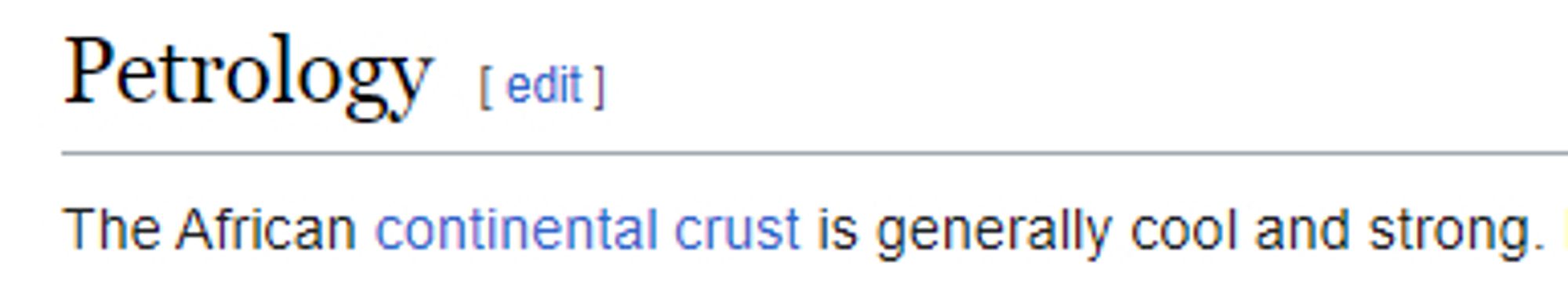 A small screenshot of a Wikipedia article. The subheading reads "Petrology" and the text beneath it reads "The African continental crust is generally cool and strong."