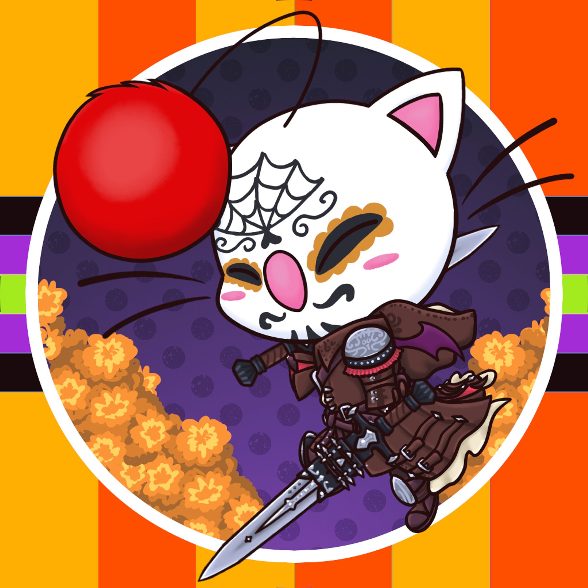 A drawing of a moogle from FFXIV dressed as a Viper. The image is formatted like a Discord server icon, and features Halloween colors with carnations in the background. The moogle is wearing sugar skull makeup.