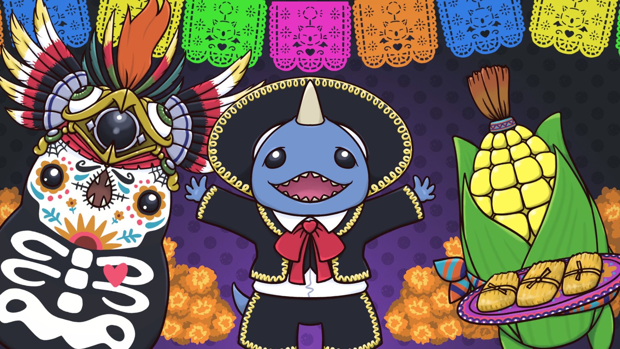 Artwork of three characters from the game Final Fantasy XIV, dressed for Day of the Dead. Gulool Ja stands in the center wearing a mariachi suit, while the Greatest Serpent of Tural stands on one side in Sugar Skull face paint. The Corn servant stands on the other side with a plate of tamales. Marigolds and Day of the Dead bunting decorate the background.