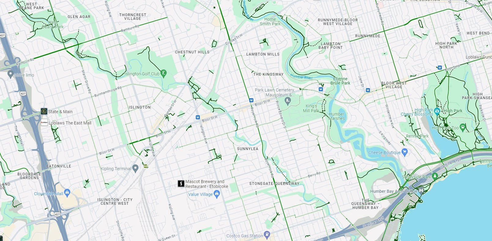 A map showing roads and cycle tracks around the Bloor West cycle track extension. Only a few disconnected bike lanes are shown.