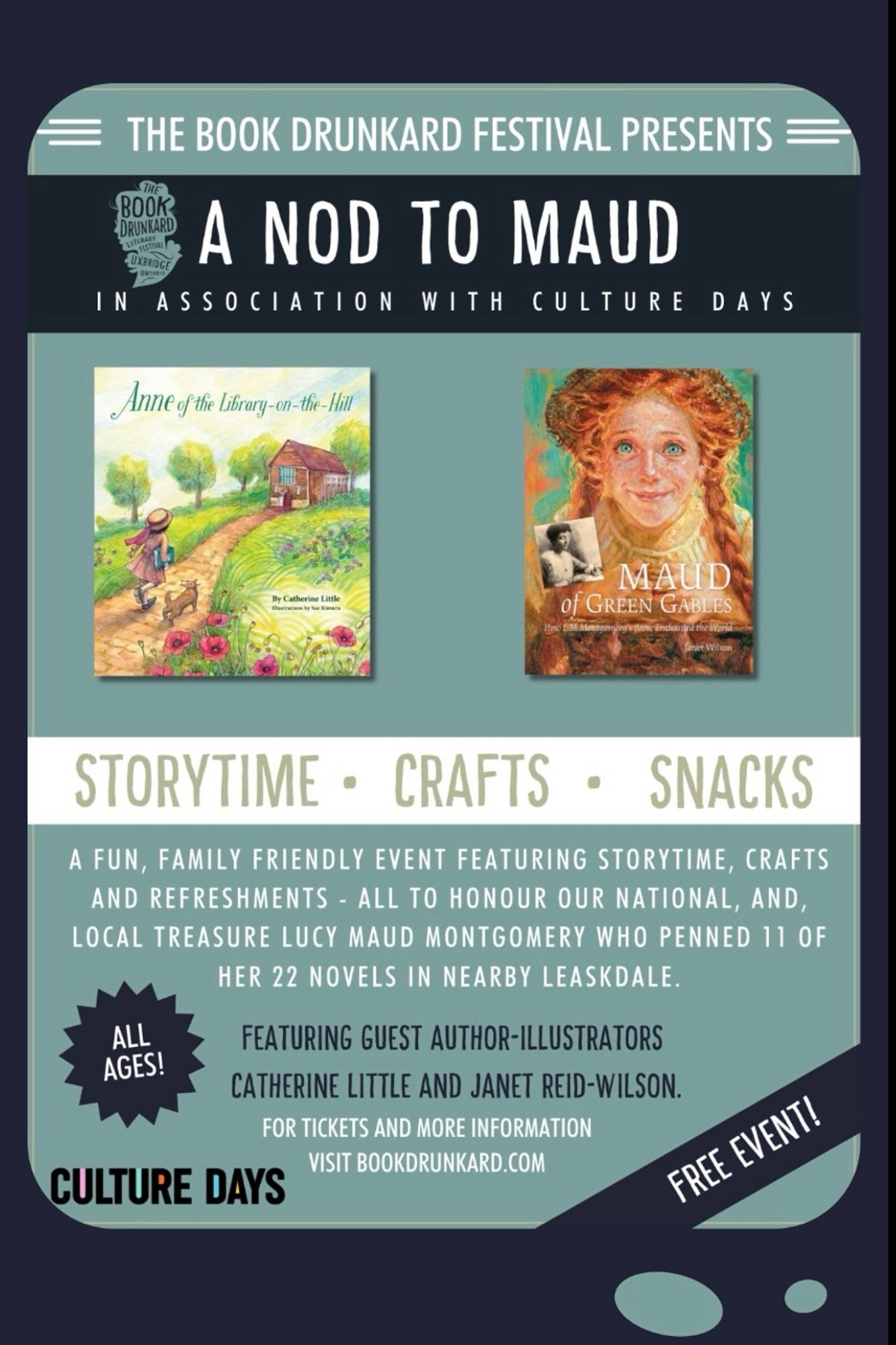 The image shows the poster advertising A Nod to Maud Event at The Book Drunkard Festival in Uxbridge on October 5.