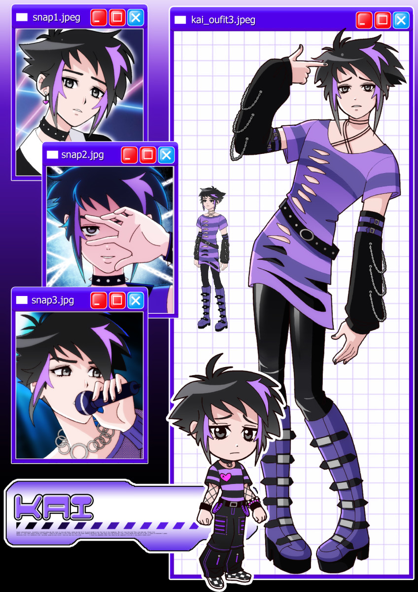 Posting the character sheets from the Y2K boyband horror game I've been working on!     Here's the last member, Kai! He's the quiet, mysterious type who keeps to himself a lot, maybe you can help him to break out of shell?