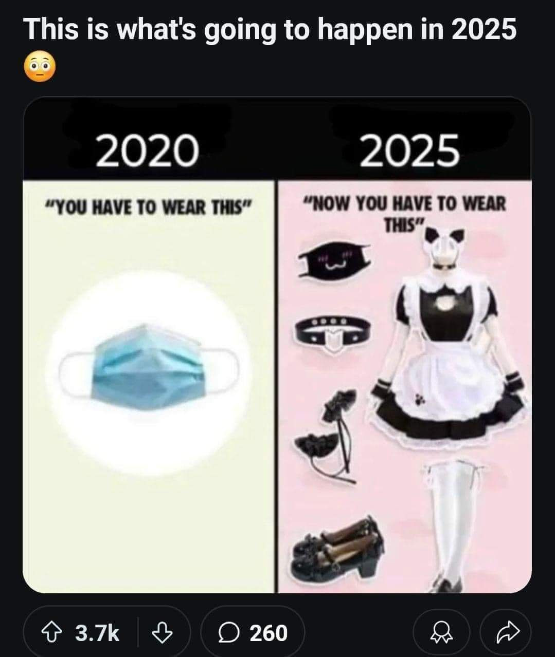 "This is what's going to happen in 2025"

2020: "You have to wear this." It's a medical mask to protect against sickness.

2025: "Now you have to wear this" It's a full sexy French maid outfit with kitty ears and cat mask to protect against sickness.