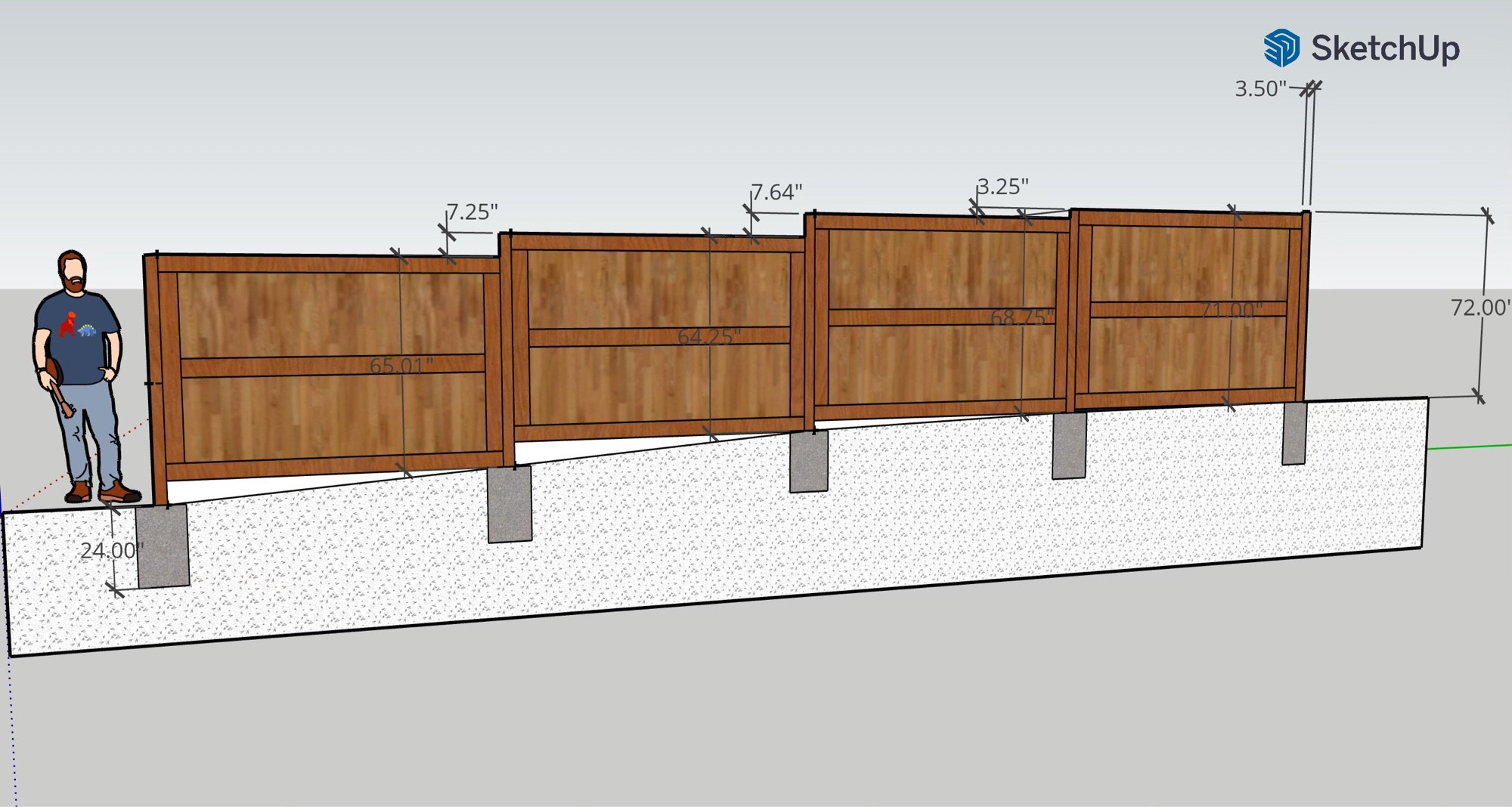 2D sketch made with the SketchUp application. It shows a 4-panel fence held by a total of 5 posts that are held in concrete-anchored post holders. Each panel is made of 5” vertical boards, all the way across, held by a H-shaped decorative wood frame capped both top and bottom.

The man pictured here is caucasian with red hair and beard and appears to be holding a violin or yukelele. He is wearing a dark blue short-sleeved shirt and light gray pants.