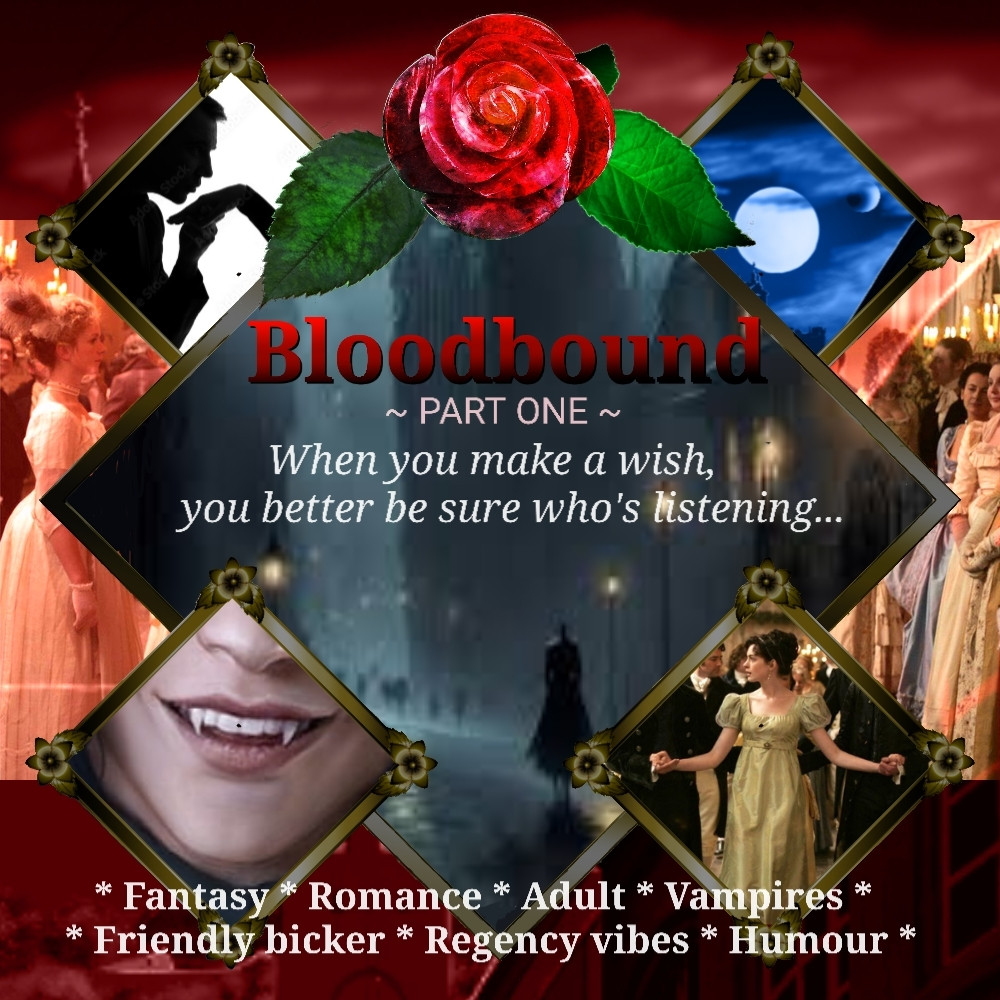 Moodboard depicting a dark misry city, regency balls, two moons, a sniling vampire and the text 'Bloodbound, part one, When you make a wish, you better be sure who's listening....