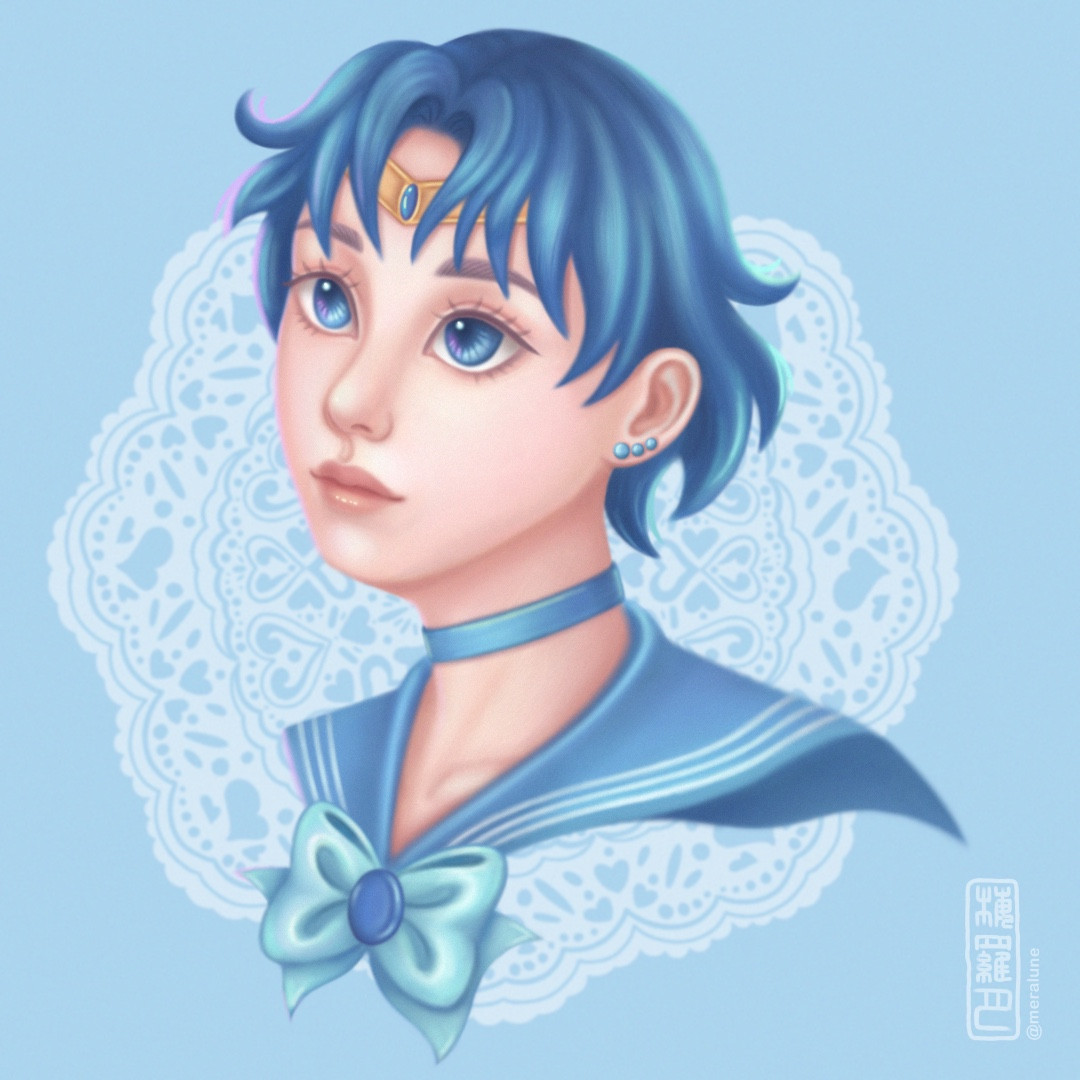 portrait of Sailor Mercury from the anime series Pretty Guardian Sailor Moon. She has short blue hair, blue eyes, and is wearing a gold tiara, a light blue sailor-collar with ribbon.