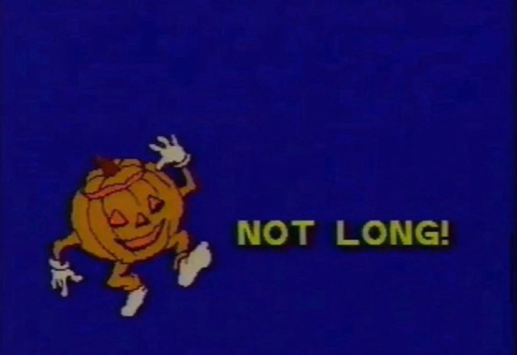 A spooky pumpkin, dancing on a blue background with the text “ not long! “