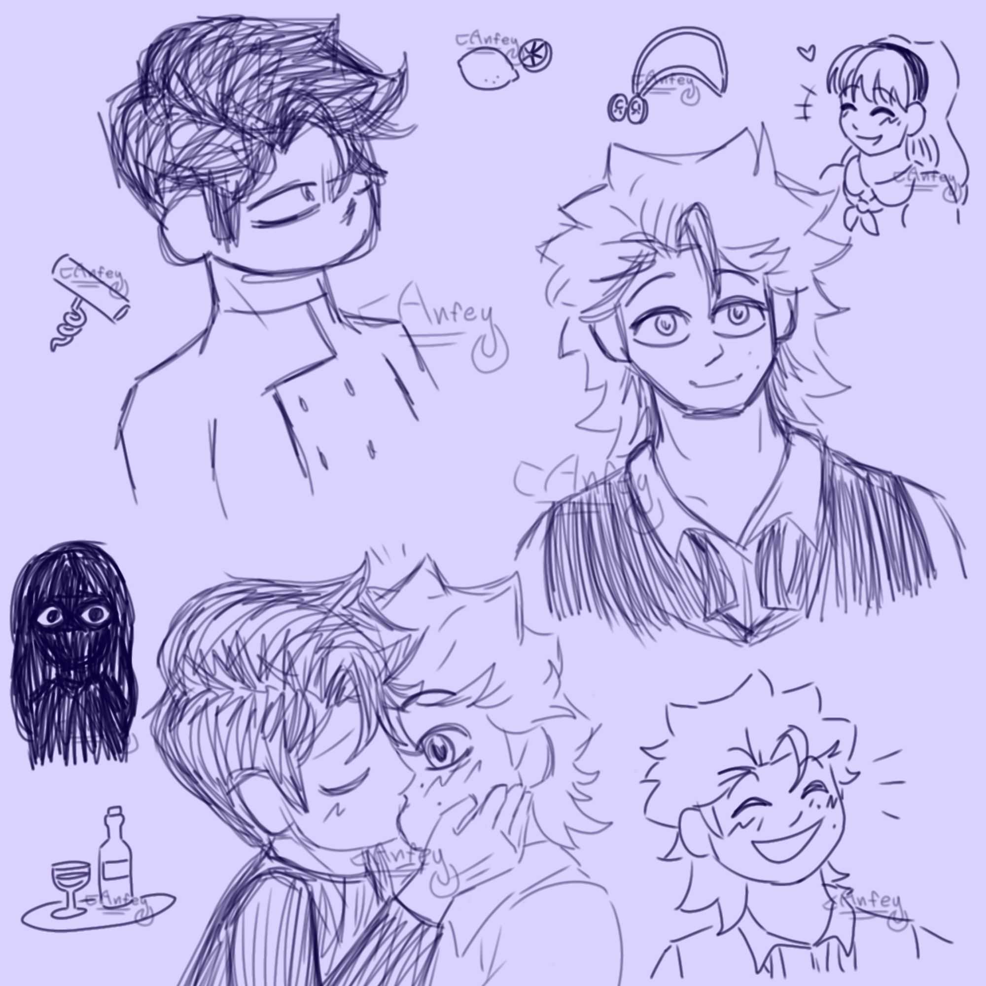 A bunch of digital doodles of the game Dead Plate. They are: one of Vince wearing his chef clothes; Rody wearing his waiter clothes; Vincent kissing Rody, both wearing their casual clothes; by this last one's left side, there's one of a glass with and a bottle of wine on a tray; above it, there's one of a figure with the silhouette of a person with long hair, with their eyes open wide being the only detail clearly visible; by the bottom right side, there's one of Rody laughing wearing his waiter clothes; by the sides of the one of Vince alone, there's one doodle of a corkscrew, and another one of a whole lemon and a half; then, by the right side of the latter, above the first one of Rody alone, there's one of a necklace — a locket open, showing two pictures, one of each inside of each half —, and finally, by the top right corner, next to it, there's one of Manon laughing, with a little heart near her.