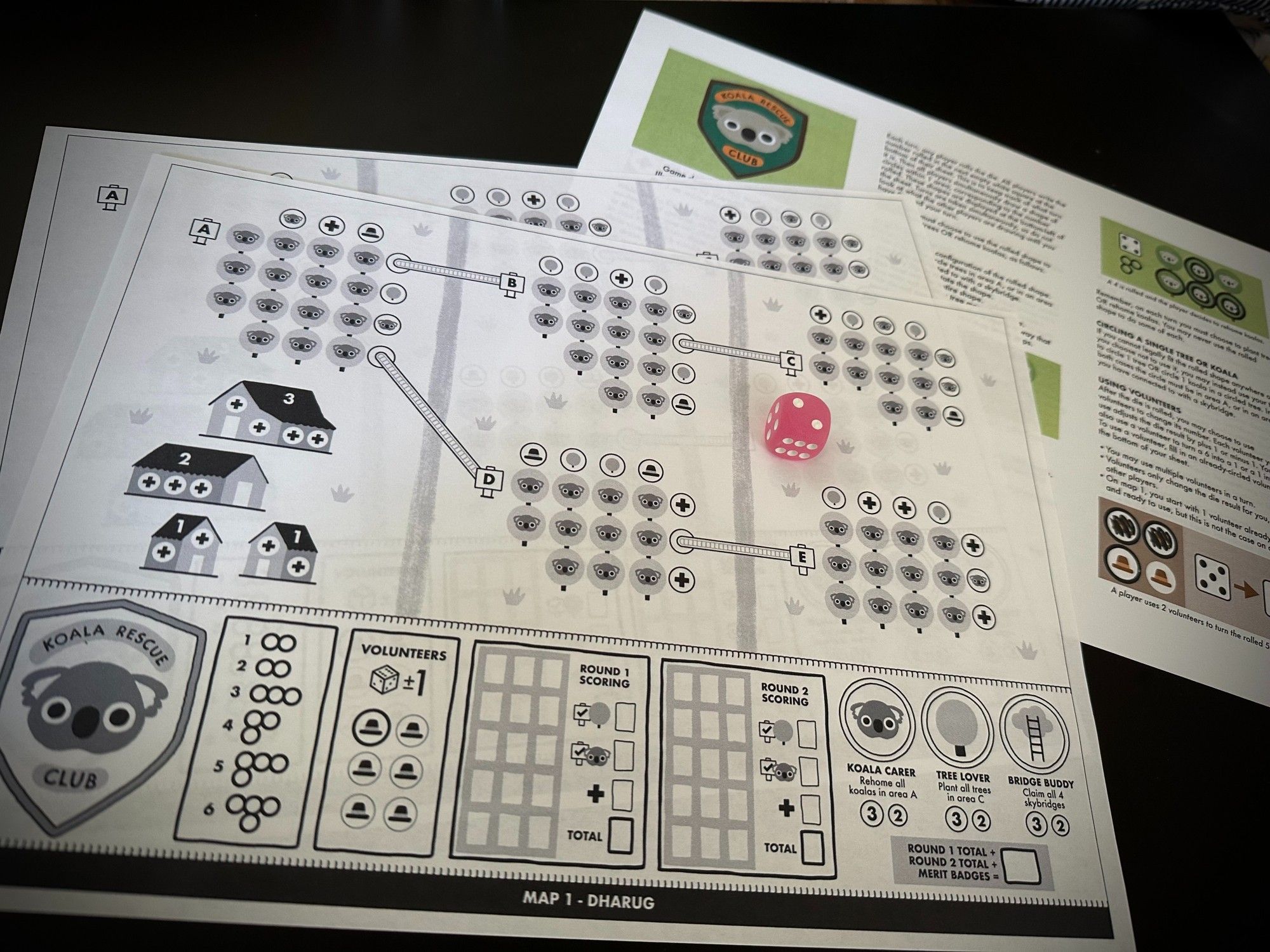 A print and play board game of Koala Rescue Club, two map sheets and the rules - with a frosted pink d6 die.