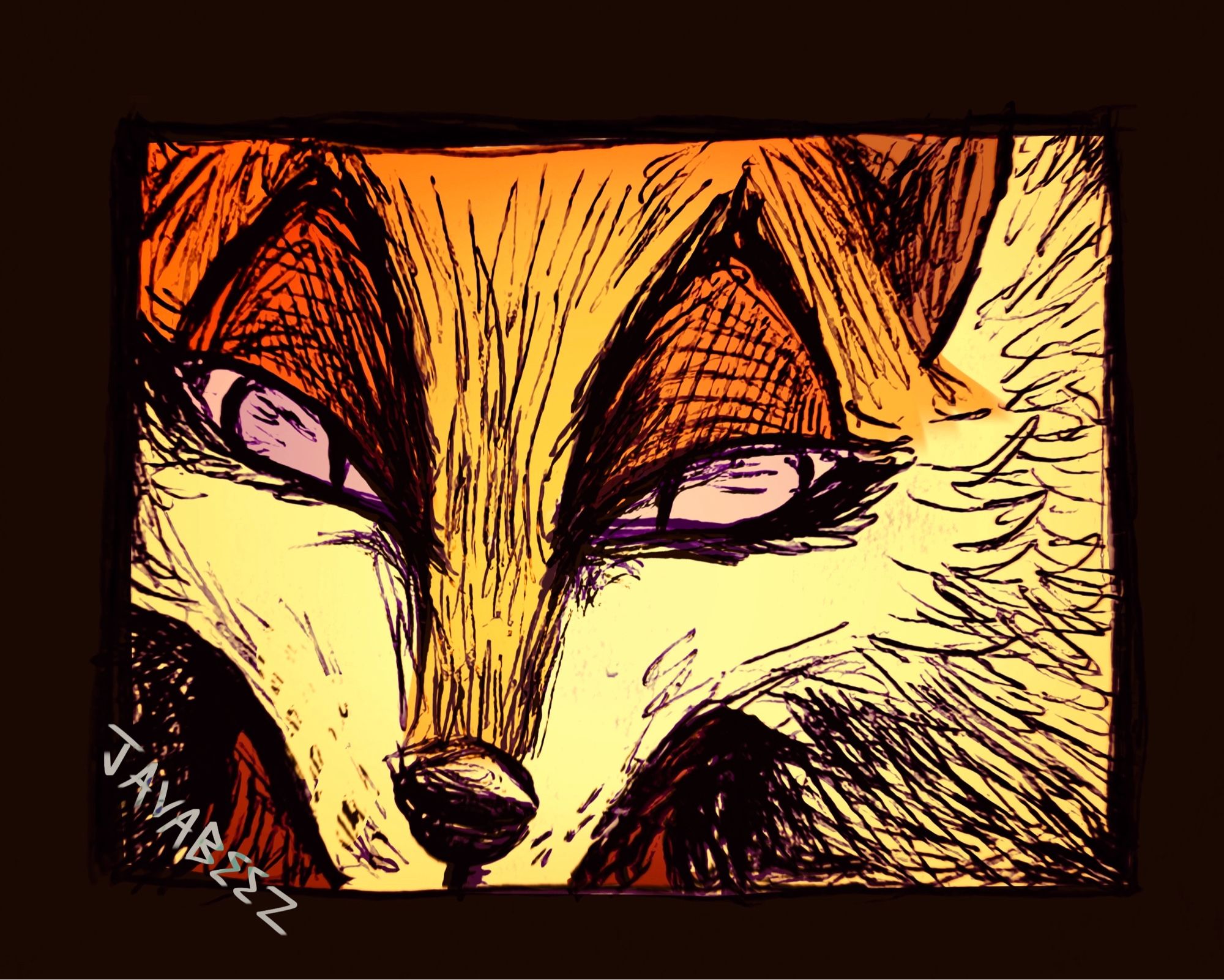 Orange fox with prominent sharp eyebrows, purple eyes, and a red neck cloth. Warm filter and a slight vignette.