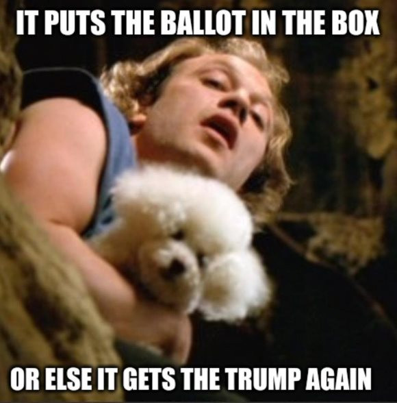 Silence of the lambs Jame Gumb meme: it puts the ballot in the box, or else it gets the trump again 