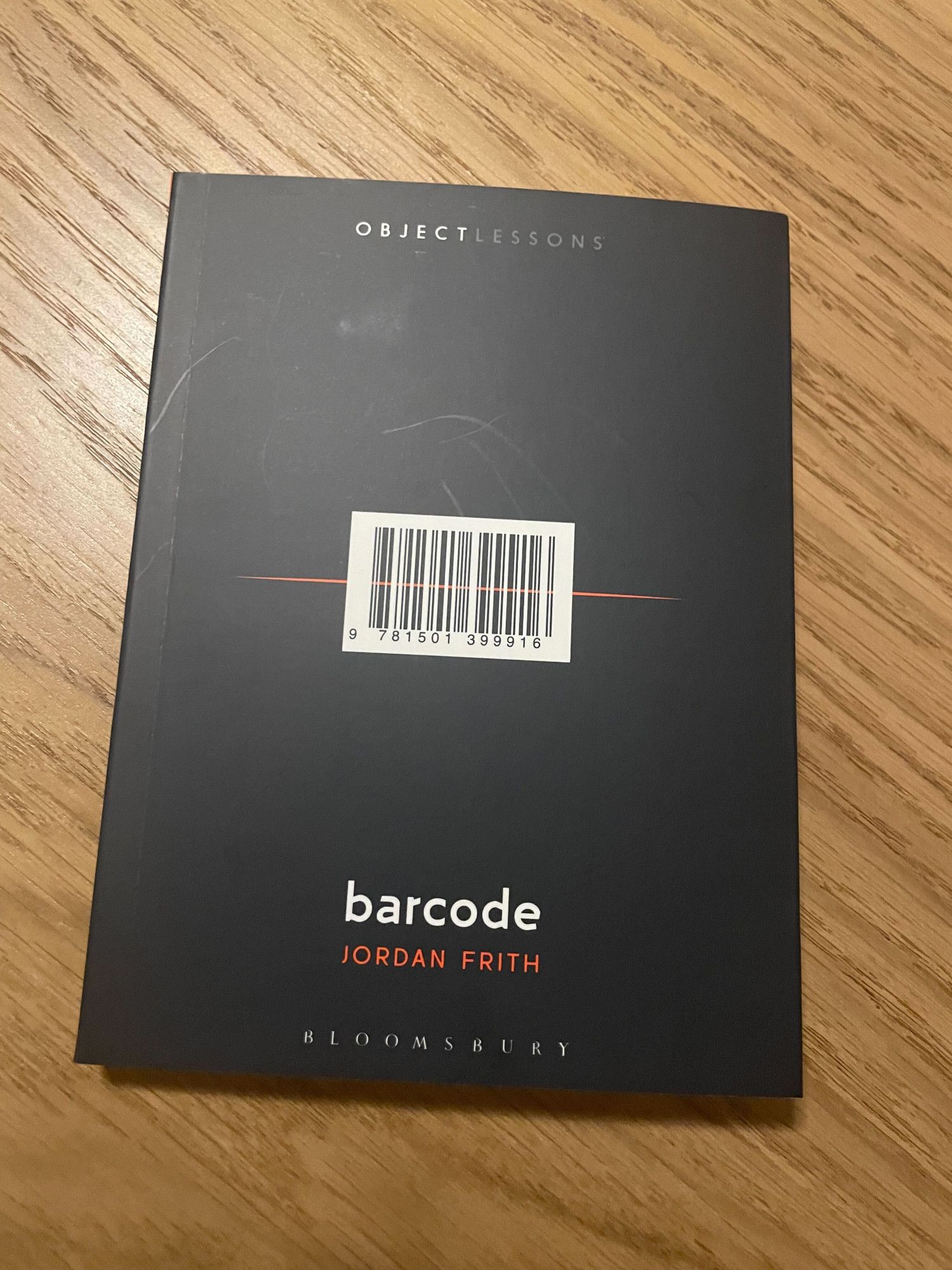 The front cover of the book Barcode by Jordan Frith shows a barcode (naturally)