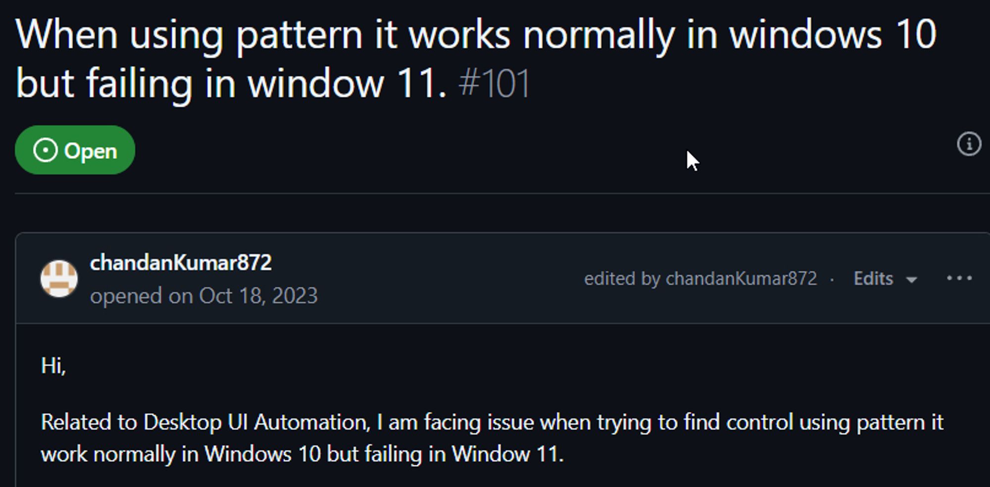 When using pattern for UI automation it works normally in windows 10 but failing in windows 11