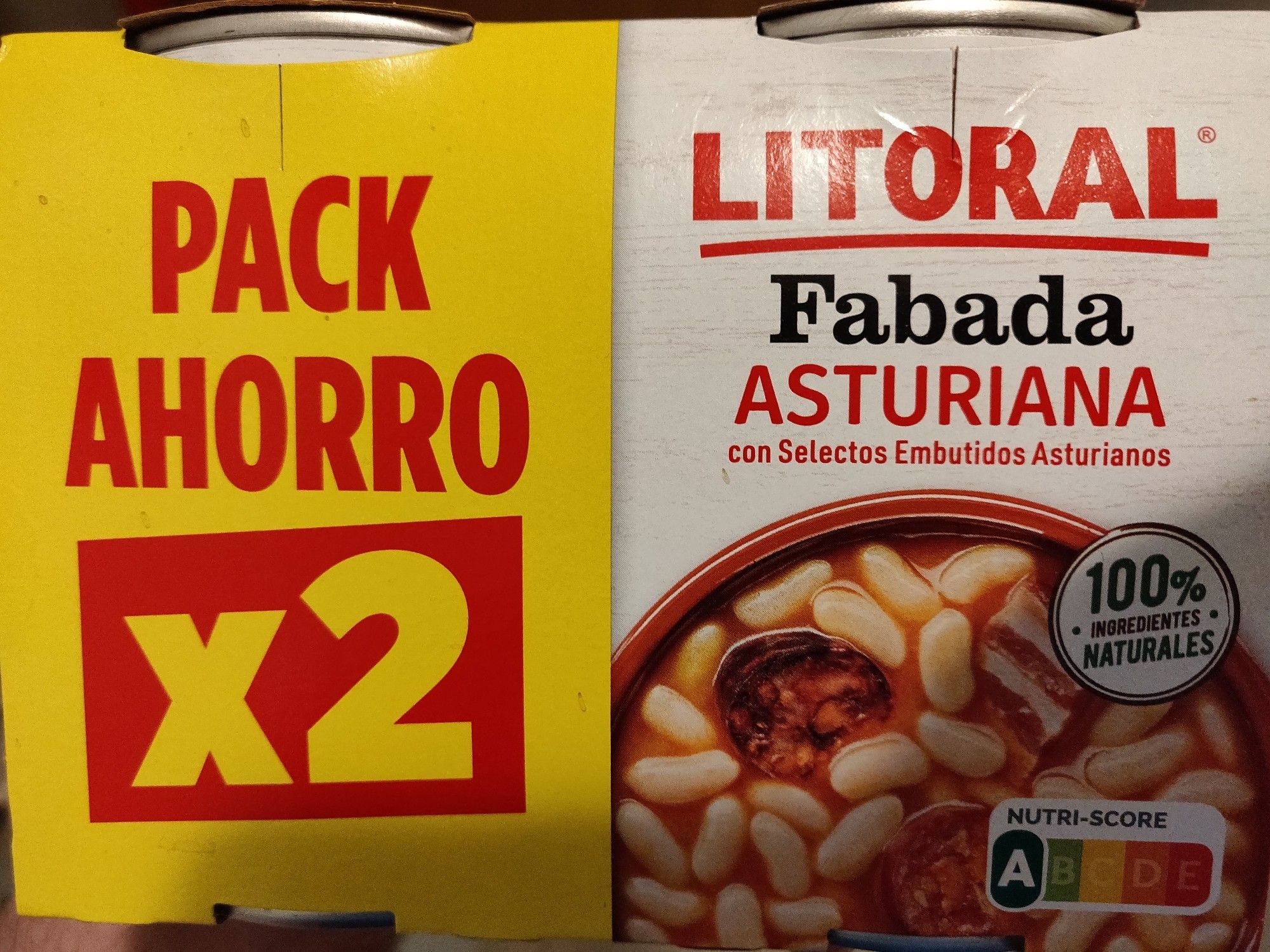 Pack de 2 fabadas Litoral. La mitad del pack está pintada con fondo amarillo y con letras rojas: PACK AHORRO x2.