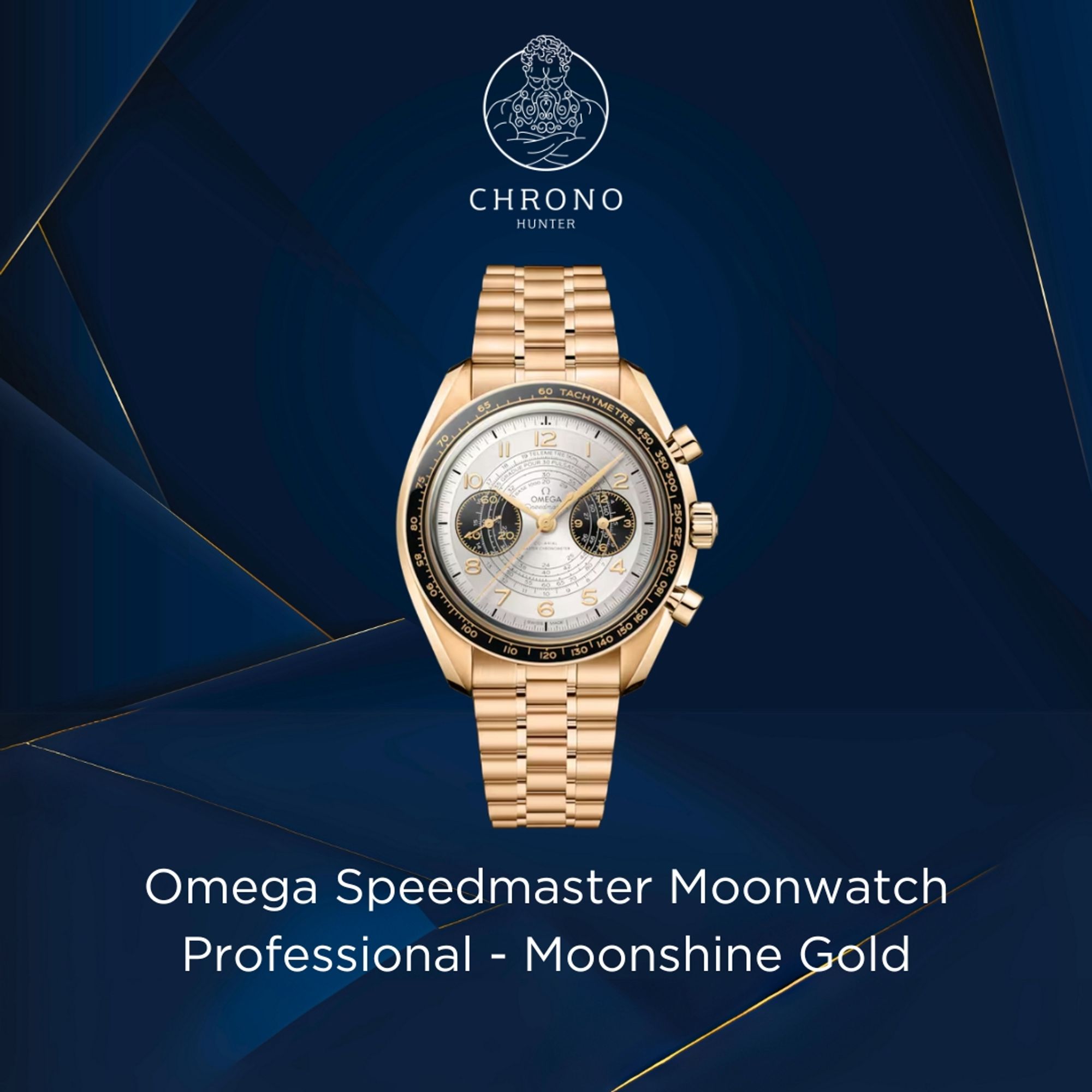 An image of a Omega Speedmaster Moonwatch Professional - Moonshine Gold on a dark blue background with the Chrono Hunter logo at the top