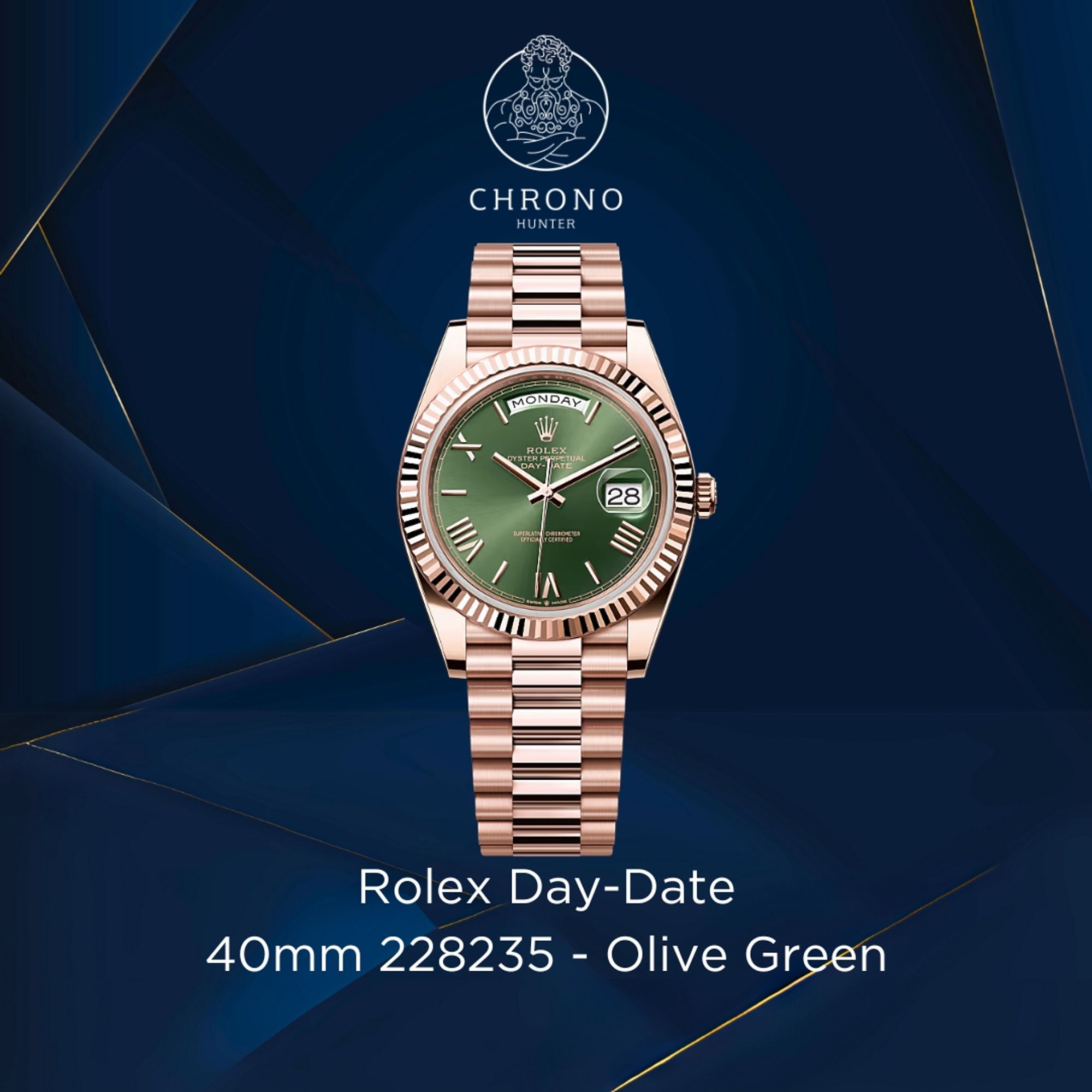 An image of a rose gold Rolex Day-Date 40mm 228235 with Olive Green face, on a dark blue background with the Chrono Hunter logo at the top