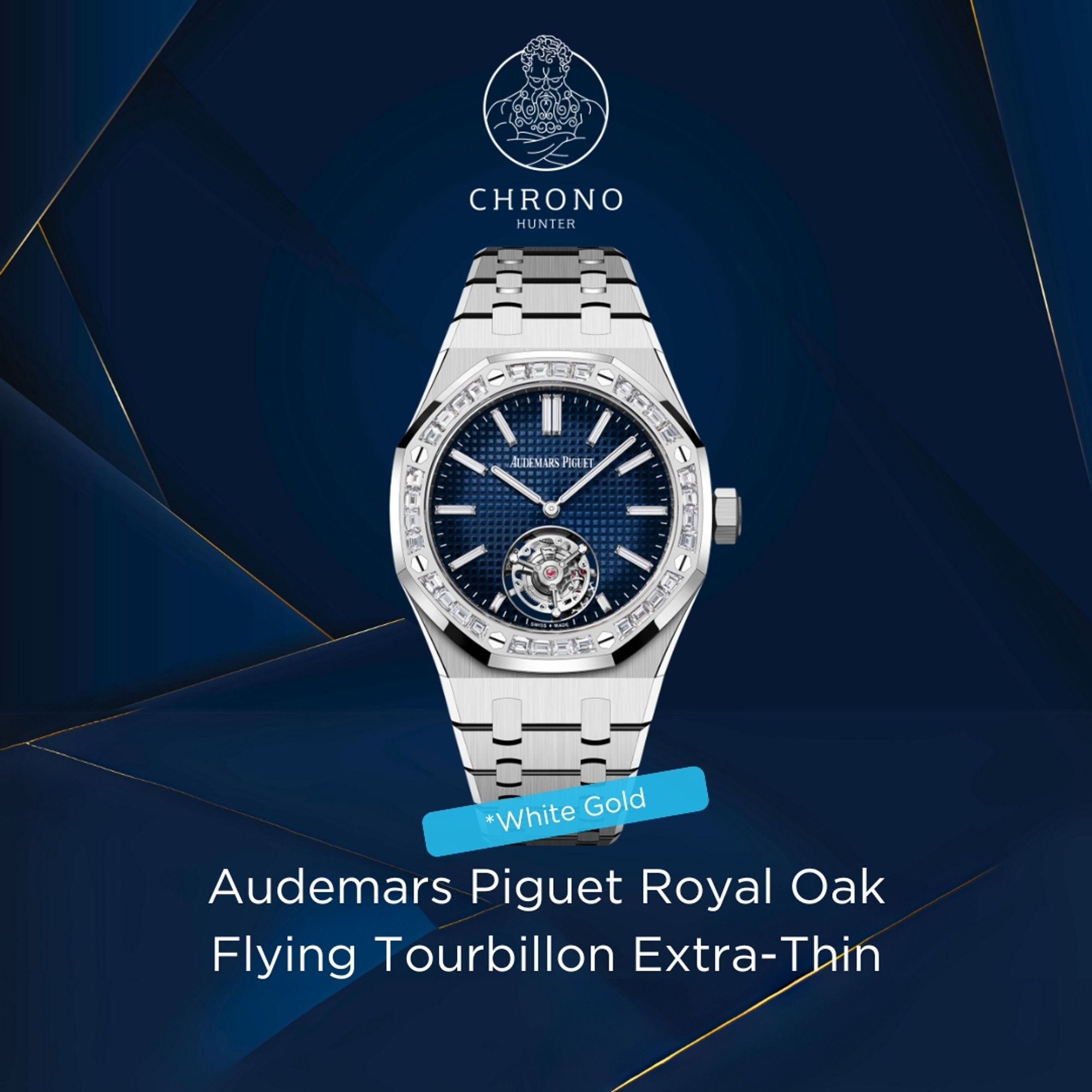 An image of a white gold Audemars Piguet Royal Oak
Flying Tourbillon Extra-Thin on a dark blue background with the Chrono Hunter logo at the top