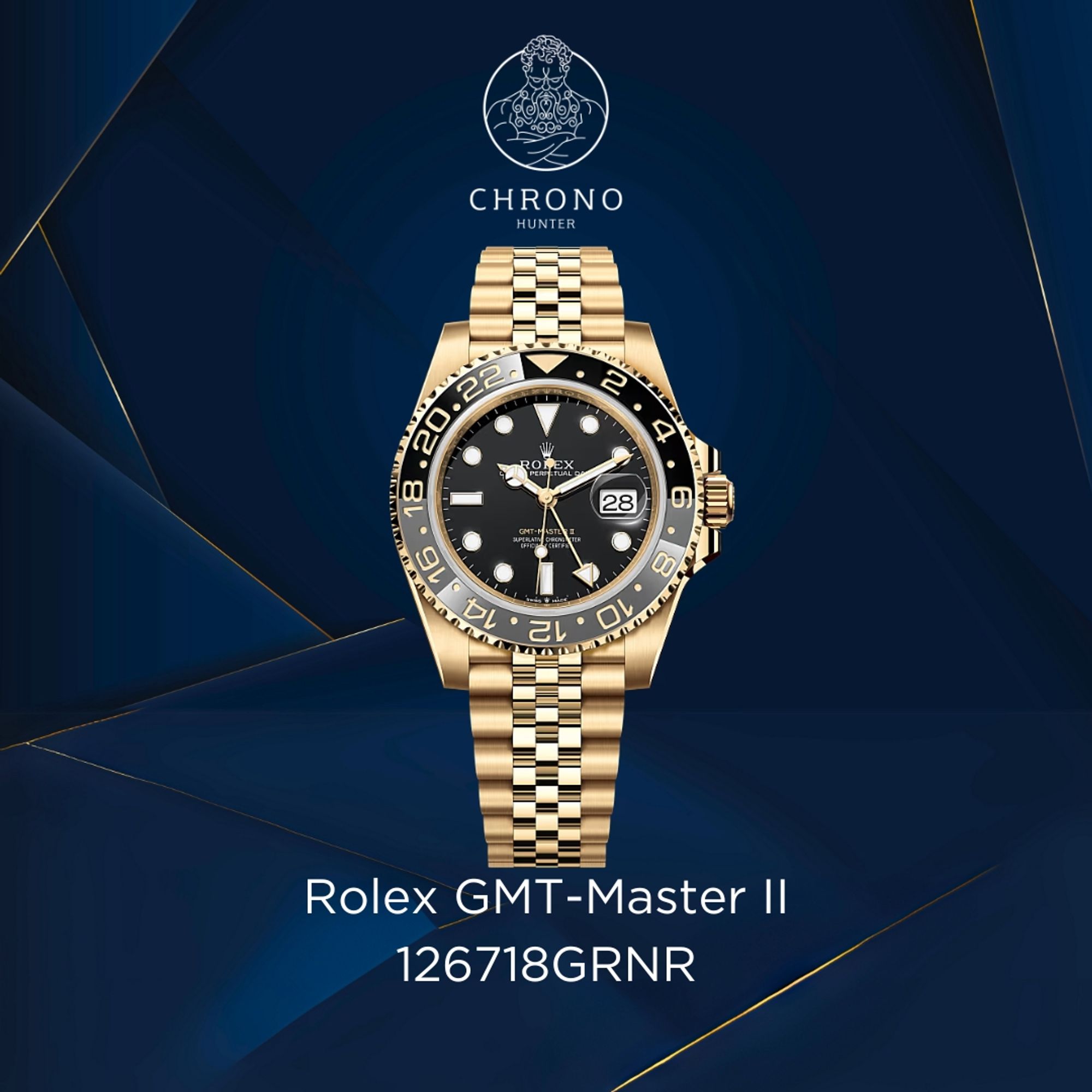 An image of a gold Rolex GMT-Master II 126718GRNR on a dark blue background with the Chrono Hunter logo at the top