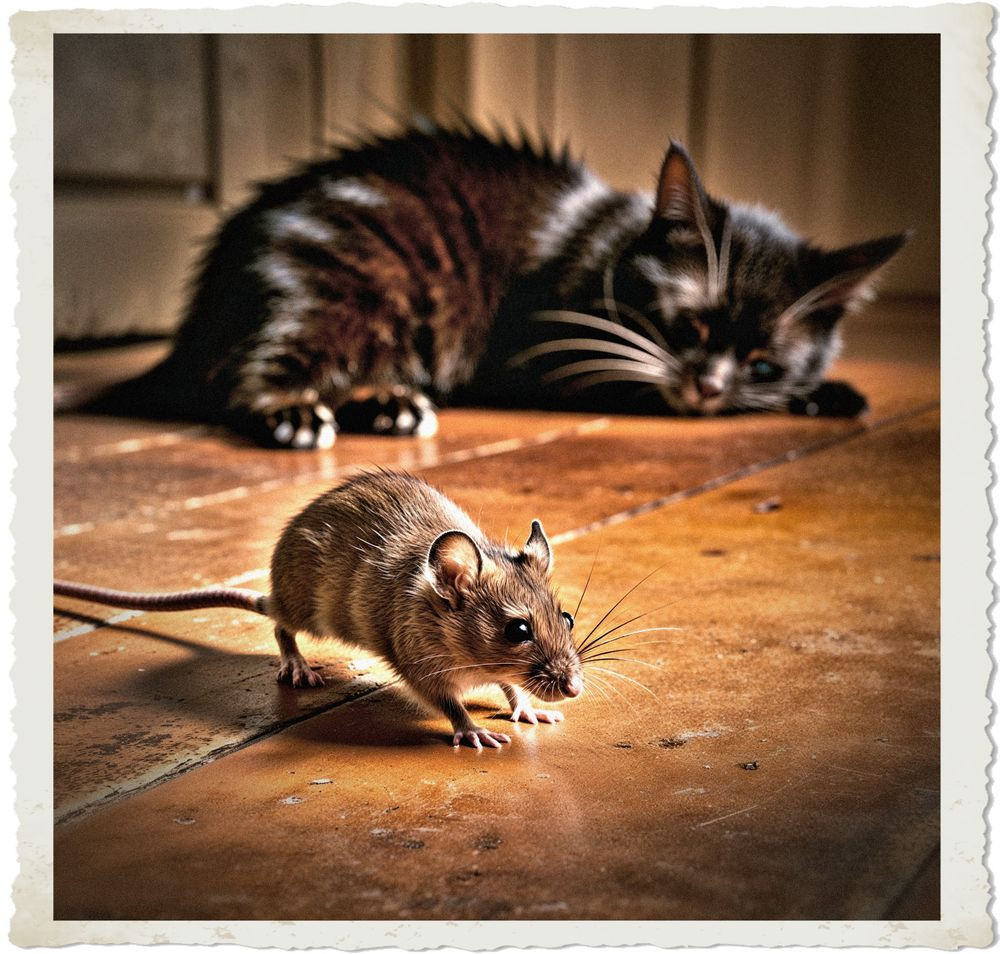 A cinematic, high-contrast photograph of Mouse, with its tiny paws and twitching whiskers, sneaking silently across the worn, honey-brown wooden floor, bathed in warm, soft light, as a sleek black cat sleeps peacefully in the background, its fur fluffed up and paws curled, oblivious to the mouse's presence, with the surrounding area blurred to emphasize the stealthy movement of the mouse, and the cat's serene slumber, capturing the subtle tension and contrast between predator and prey in a fleeting moment, with a shallow depth of field to isolate the subjects from the blurred, muted background.