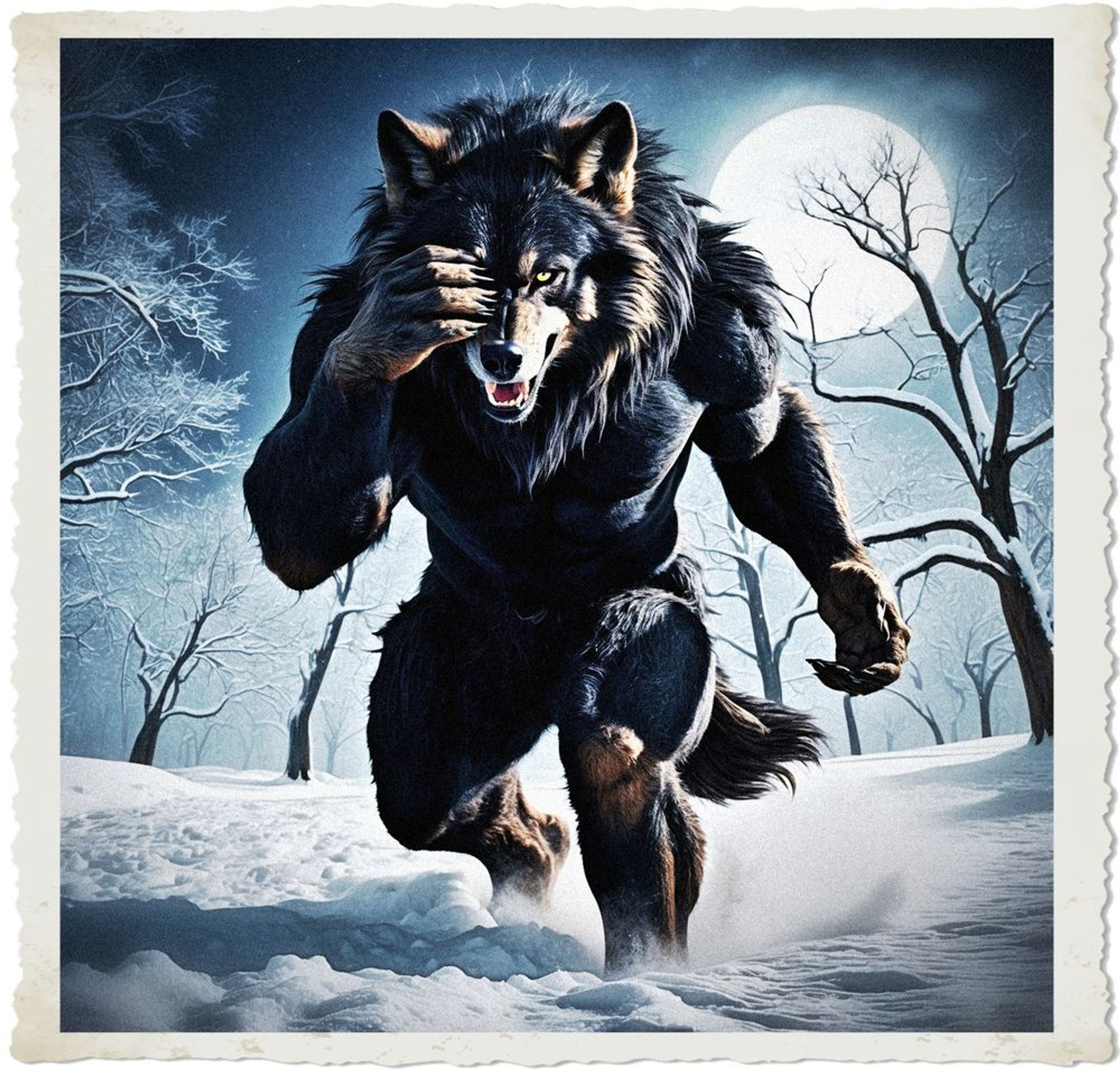 A photo-realistic image of a massive black furred werewolf, its thick coat glistening in the moonlight, using its paws to cover its eyes. The werewolf's fur is matted and unkempt, with hints of dark brown undertones, and its eyes glow with an otherworldly yellow intensity. The trees, heavy with snow, stretch towards the sky like skeletal fingers, their branches creaking in the wind. The werewolf's hot breath visible in the cold air as it pants, its muscles rippling beneath its fur as it runs with a ferocious intensity, its primal power and strength on full display. The area is flooded in blinding making it difficult to see the background.