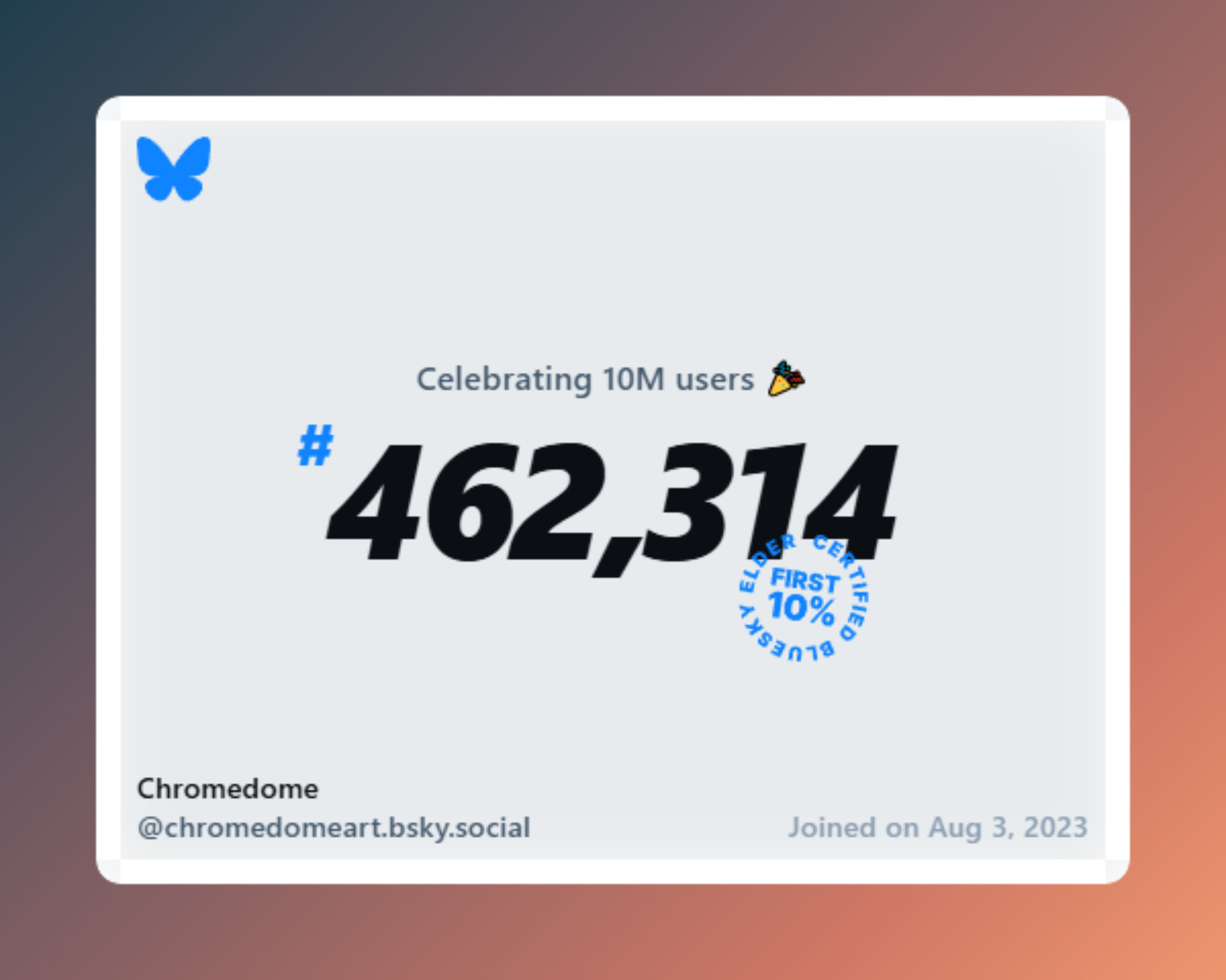 A virtual certificate with text "Celebrating 10M users on Bluesky, #462,314, Chromedome ‪@chromedomeart.bsky.social‬, joined on Aug 3, 2023"