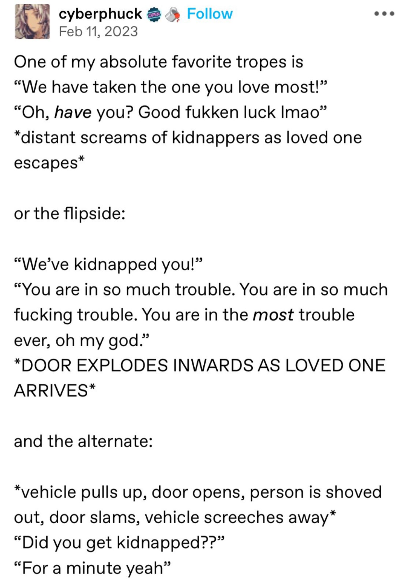 Tumblr user cyberphuck

One of my absolute favorite tropes is 
“We have taken the one you love most!”
“Oh, have you? Good fukken luck lmao”
*distant screams of kidnappers as loved one escapes*

or the flipside:

“We’ve kidnapped you!”
“You are in so much trouble. You are in so much fucking trouble. You are in the most trouble ever, oh my god.”
*DOOR EXPLODES INWARDS AS LOVED ONE ARRIVES*

and the alternate:

*vehicle pulls up, door opens, person is shoved out, door slams, vehicle screeches away*
“Did you get kidnapped??”
“For a minute yeah”