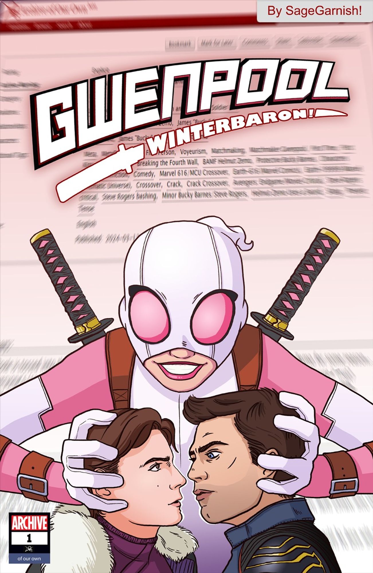 Fanart in the style of a Gwenpool comic
Title "GWENPOOL" and there's the word "winterbaron" spelled out in the shape of a samurai sword 
The background is a blurred out image of an AO3 page
Gwenpool is a girl in a white and pink superhero outfit, and she's holding the heads of Bucky Barnes and Baron Zemo together as if to force them to kiss.