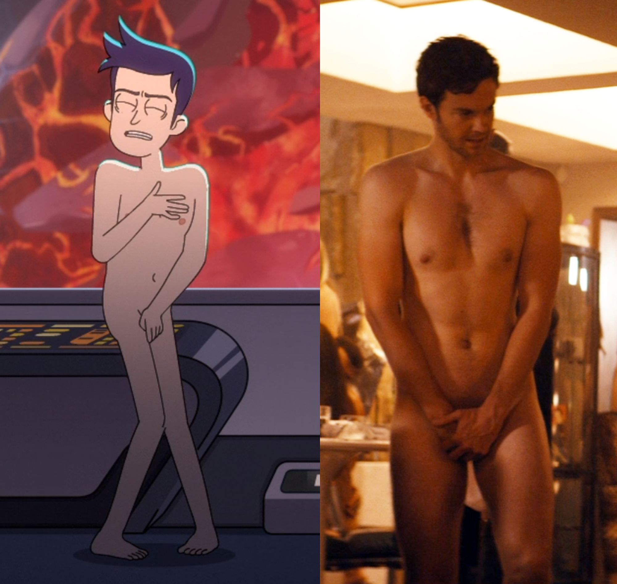 first image:  Scene from Lower Decks of Ensign Bradward Boimler. A cartoon of a naked white man with purple hair. He is using one hand to cover his penis up, and the other to cover his chest.

second image: Scene of Hughie (Jack Quaid) in The Boys. A well muscled naked white man with brown hair uses both hands to cover his penis.