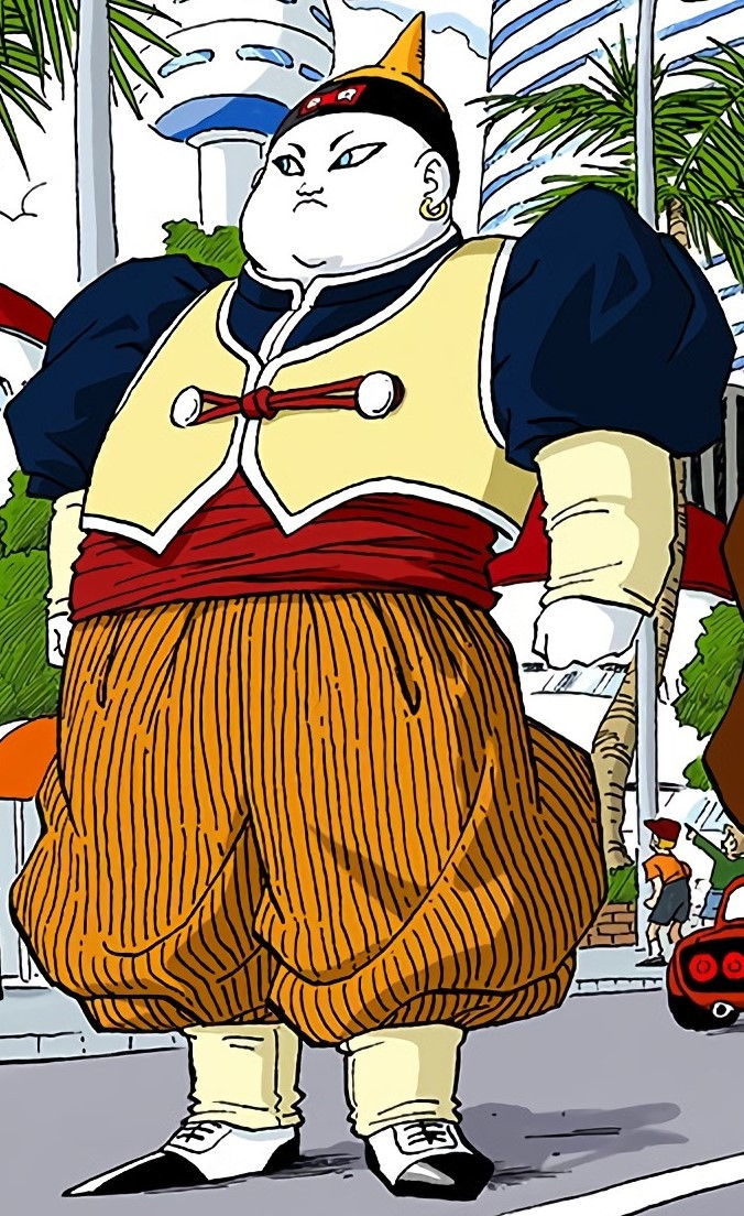A manga panel showing Android 19, Dragon Ball. A heavy set white face Android with baggy striped pants, a yellow vest, a pointed hat with r&r on it, and a poofy shirt. 